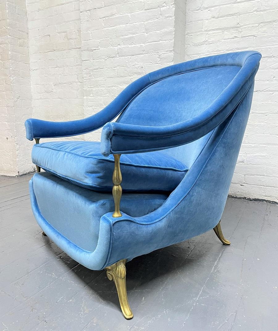 Pair of French 1950s Brass and Velvet Lounge Chairs For Sale 1