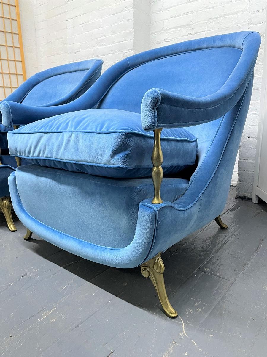 Pair of French 1950s Brass and Velvet Lounge Chairs For Sale 3