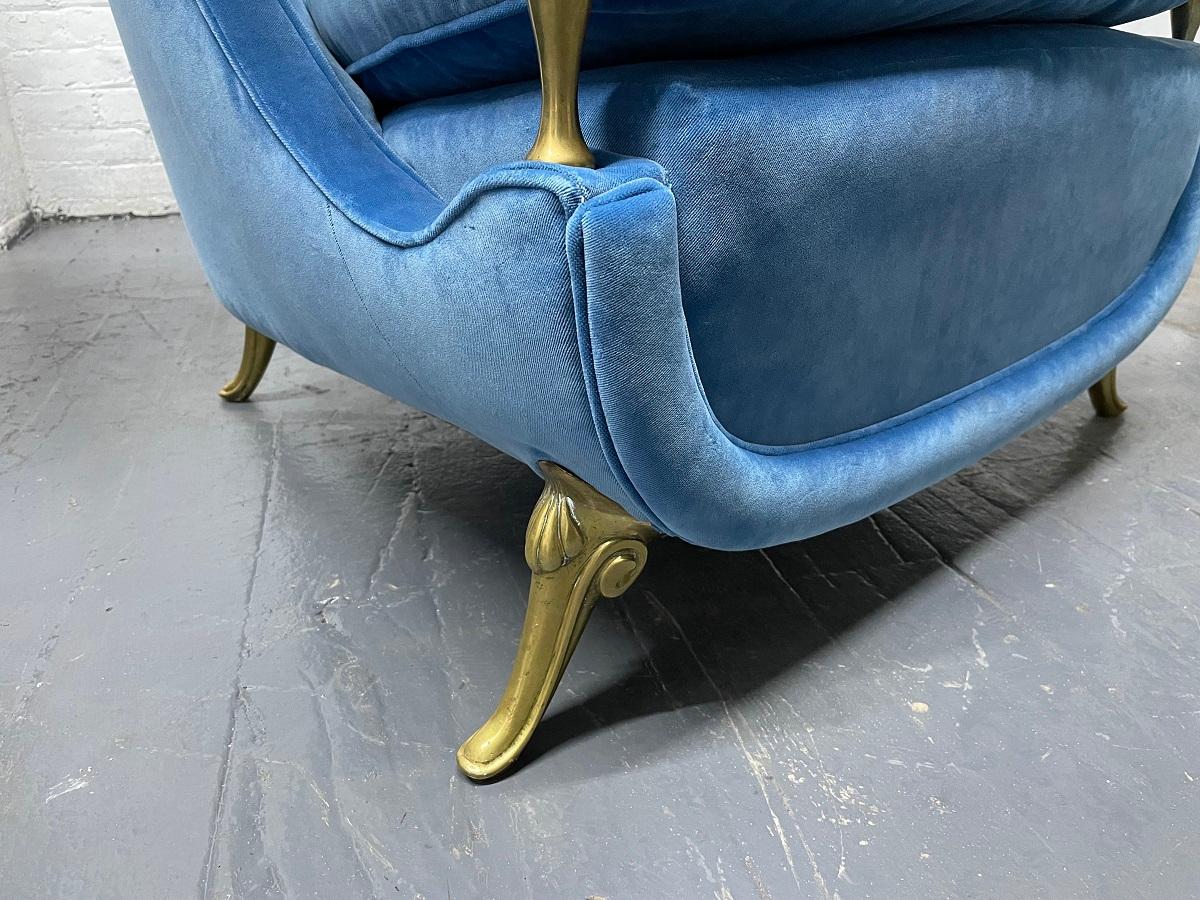 Pair of French 1950s Brass and Velvet Lounge Chairs For Sale 4