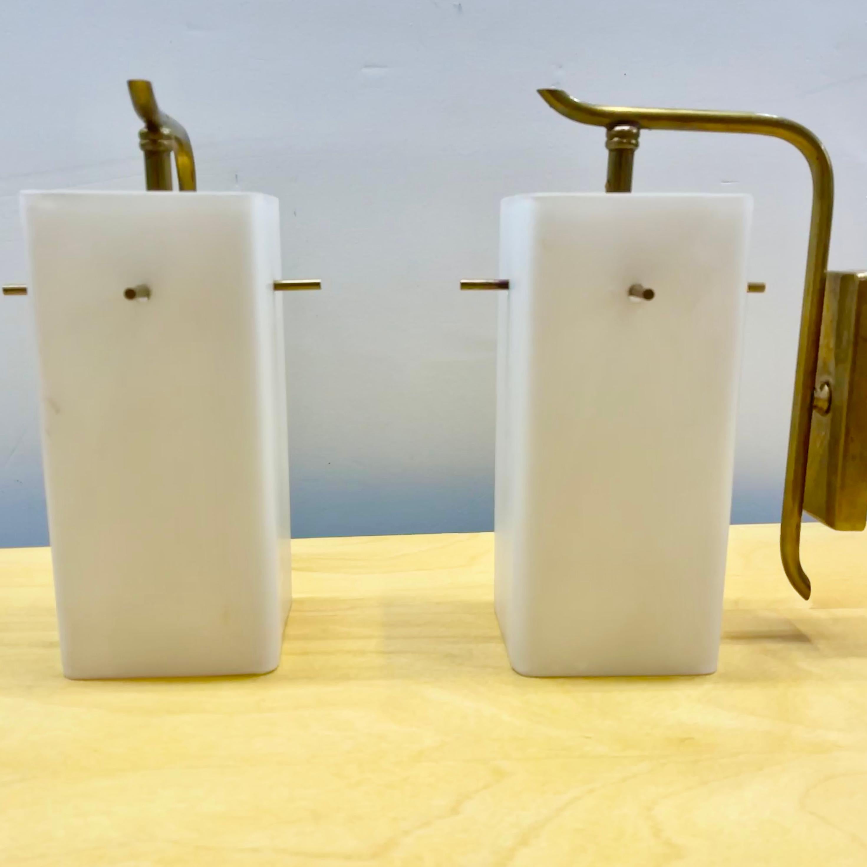 Pair of French 1950s Brass Sconces with Box Shaped Opaline Glass Shades 4