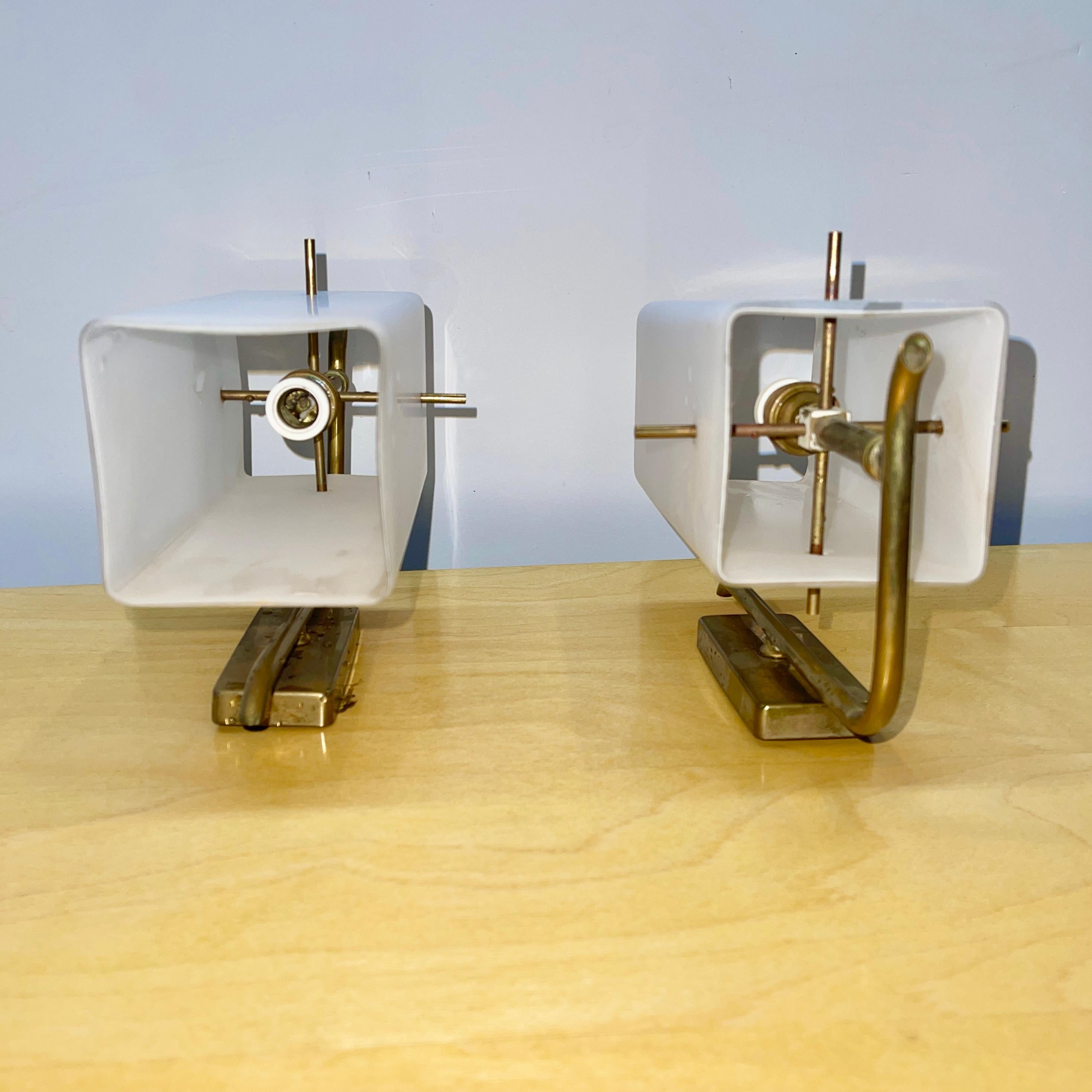 Pair of French 1950s Brass Sconces with Box Shaped Opaline Glass Shades 5