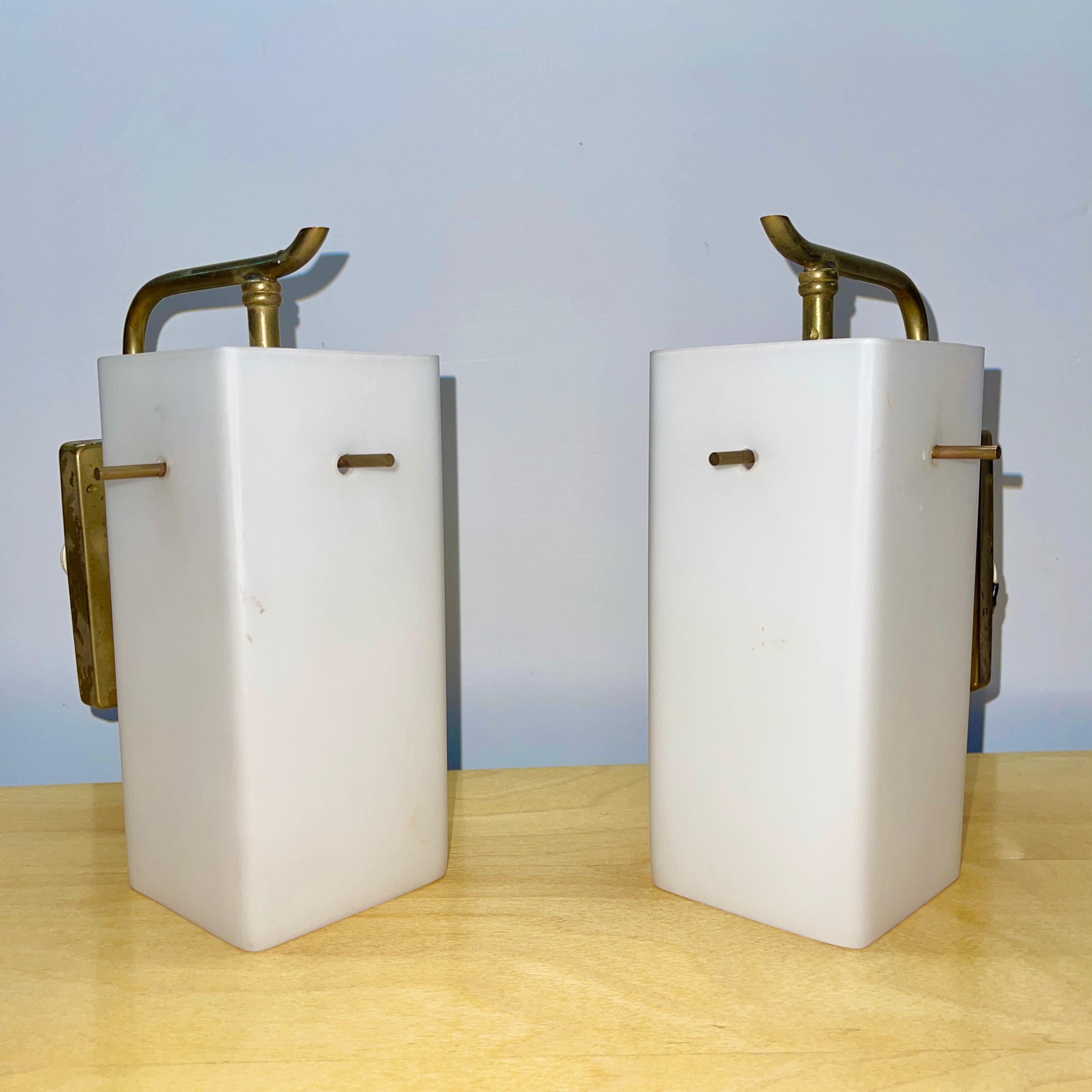 Pair of French 1950s Brass Sconces with Box Shaped Opaline Glass Shades 3