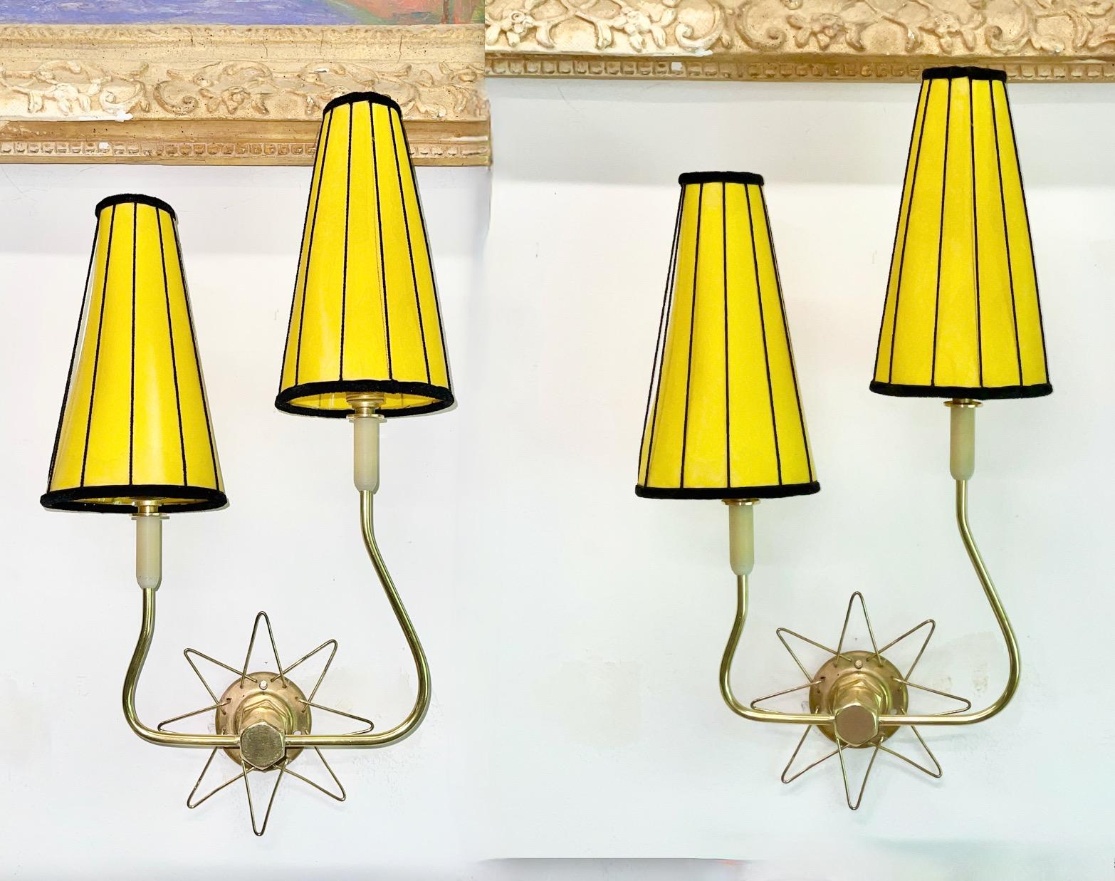 Pair of French 1950's Brass Wire Star Sconces In Good Condition For Sale In Hanover, MA