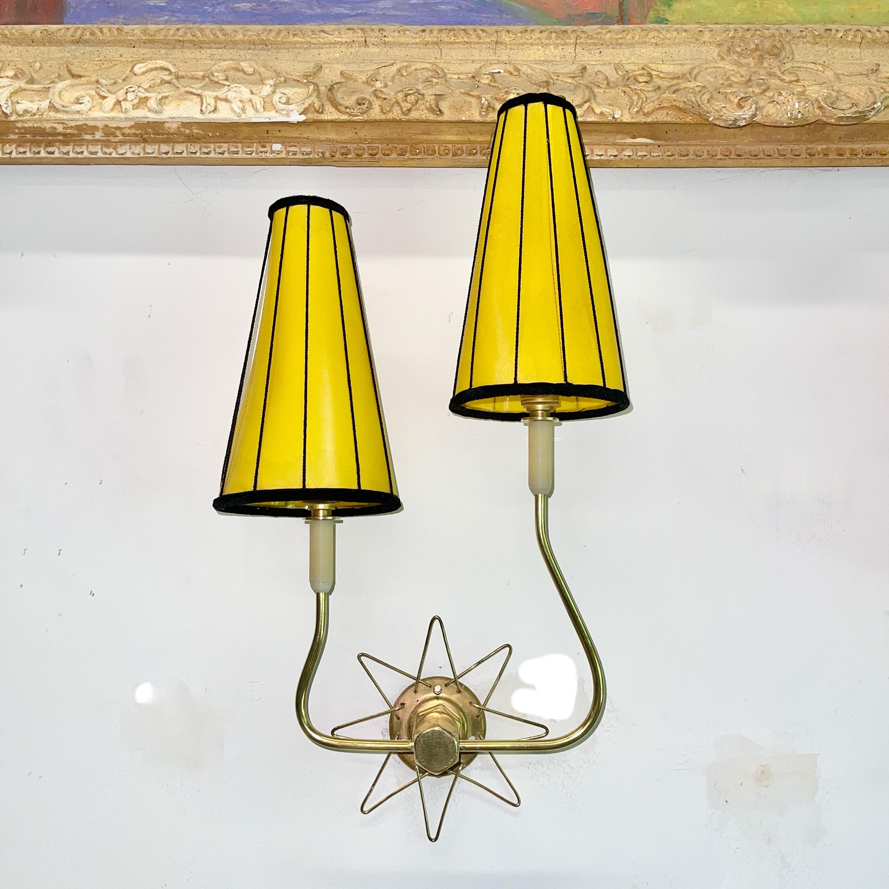 Mid-20th Century Pair of French 1950's Brass Wire Star Sconces For Sale