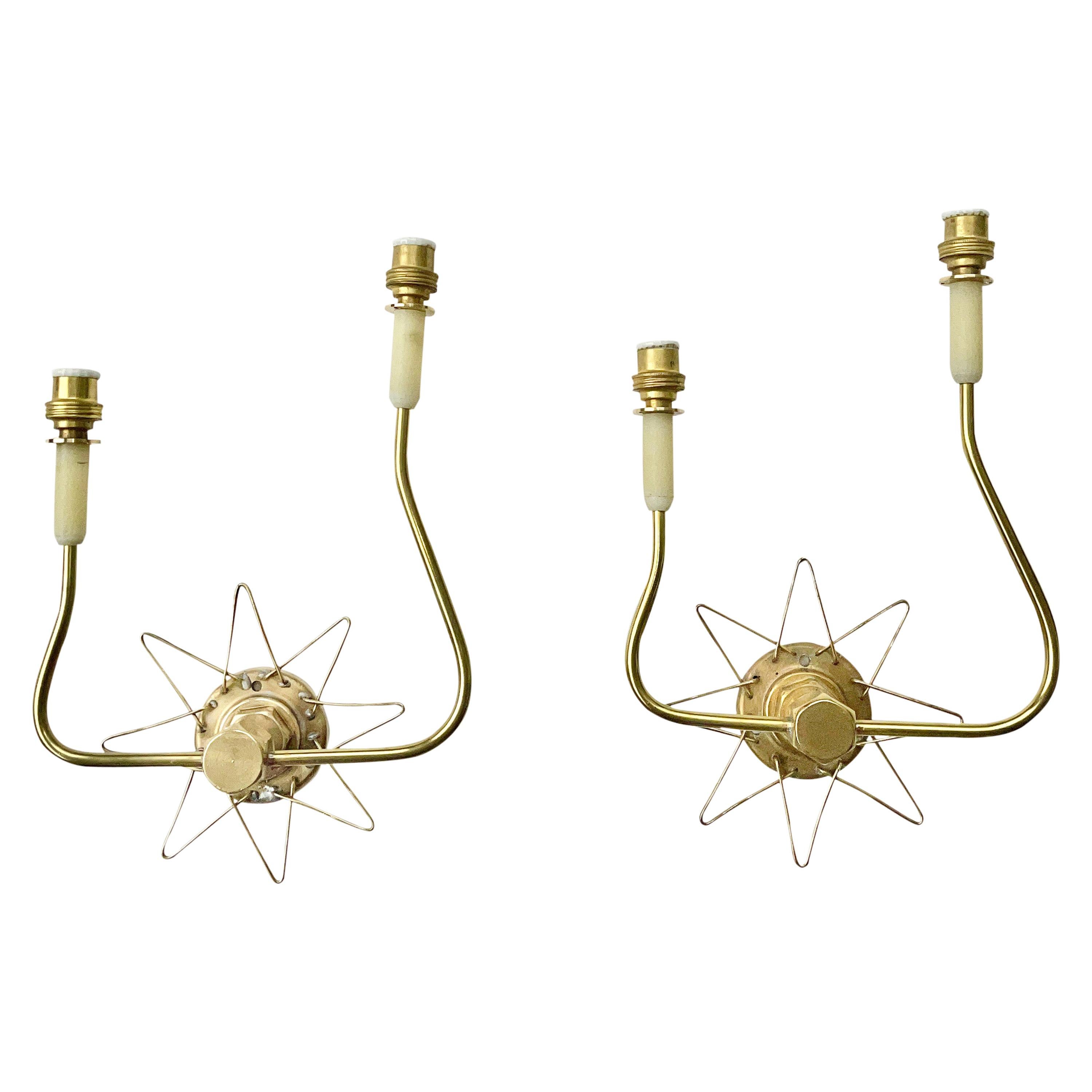Pair of French 1950's Brass Wire Star Sconces For Sale