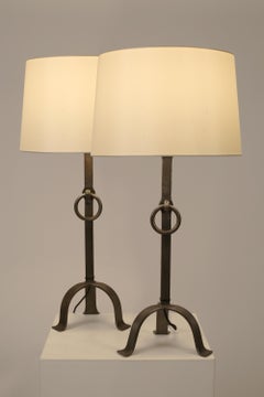 Pair of French 1950s Brutalist Forged Iron Ring Table Lamps