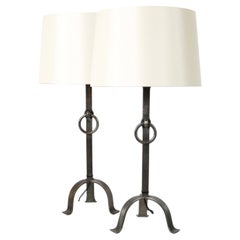 Pair of French 1950s Brutalist Forged Iron Ring Table Lamps