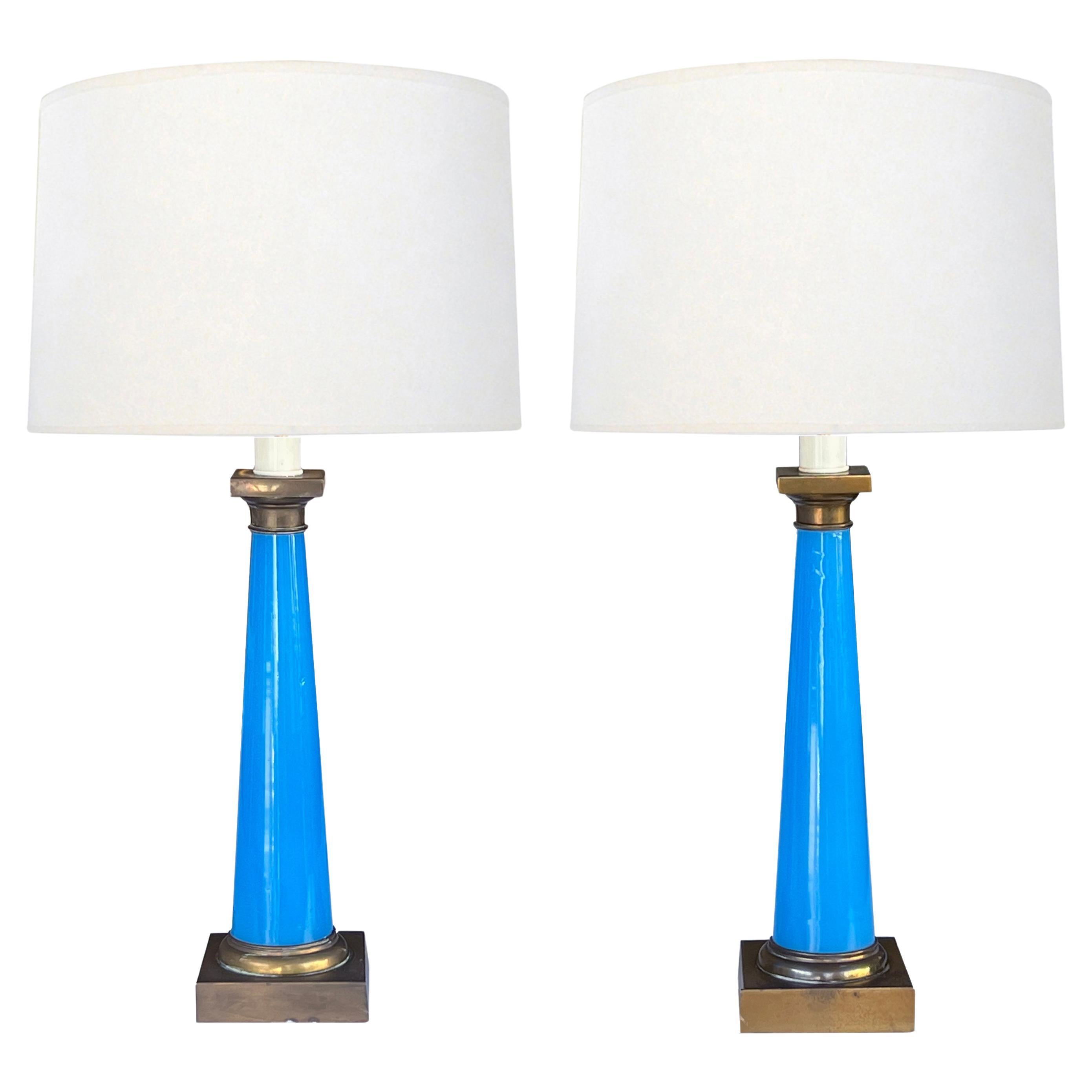 Pair of French 1950s Cerulean Blue Opaline Concical-form Lamps