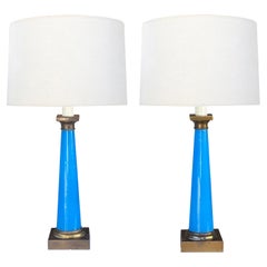 Pair of French 1950s Cerulean Blue Opaline Concical-form Lamps