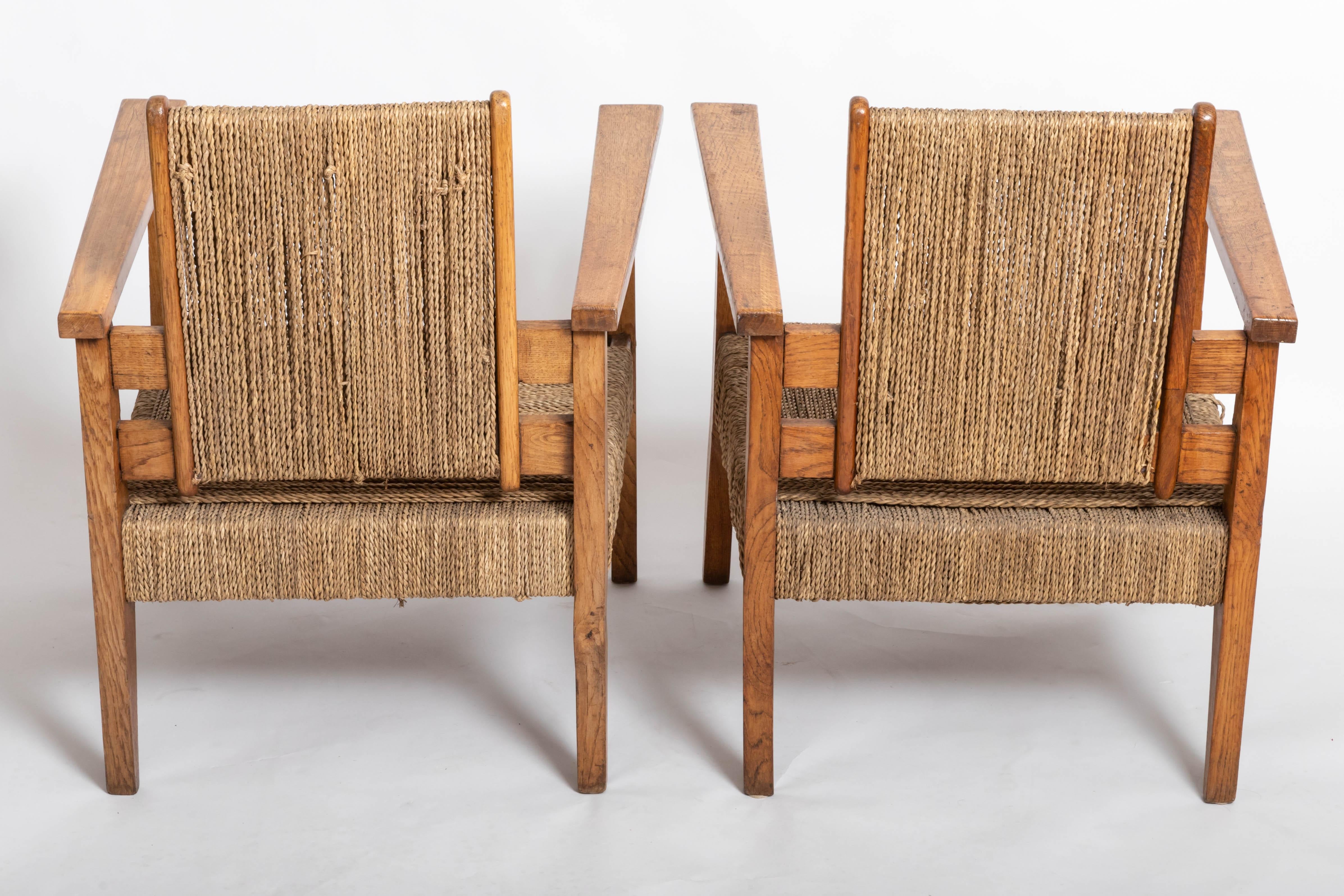French Pair of Mid-Century Oak Armchairs, France, circa 1950's For Sale