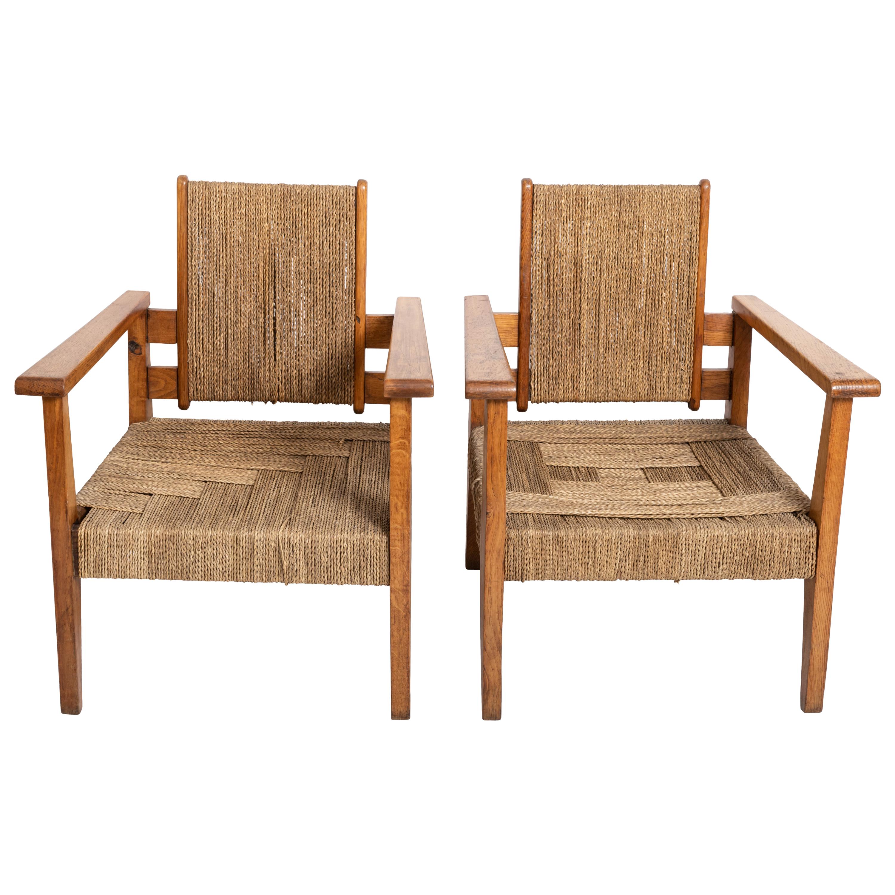 Pair of Mid-Century Oak Armchairs, France, circa 1950's For Sale