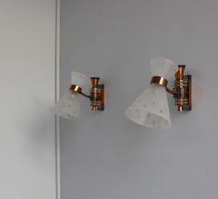 Pair of French 1950s Copper and Diabolo Glass Sconces