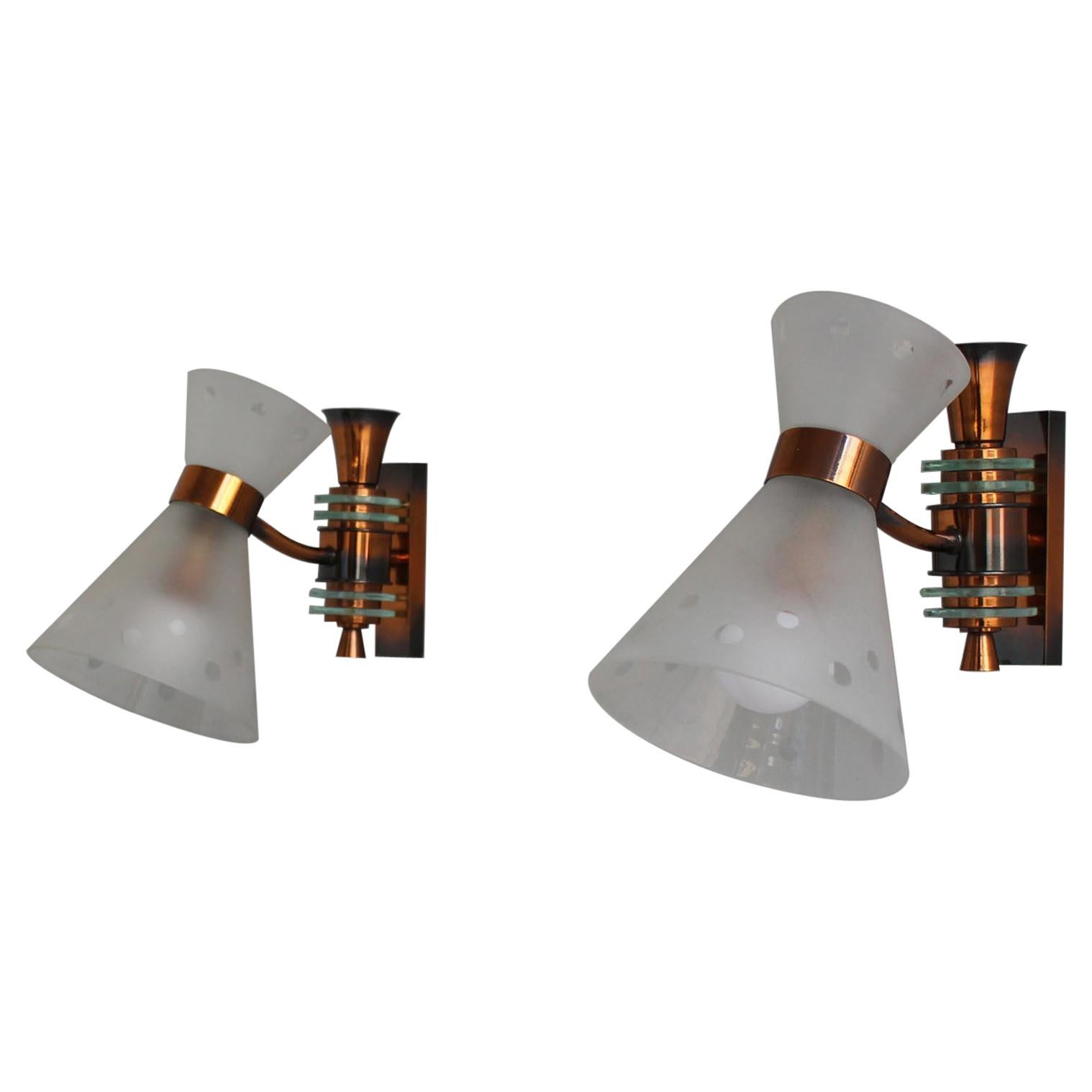 Pair of French 1950s Copper and Diabolo Glass Sconces For Sale