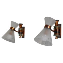 Vintage Pair of French 1950s Copper and Diabolo Glass Sconces