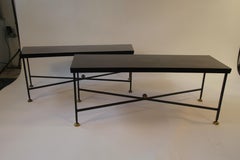 Pair of French 1950s Curved Iron Tables/Benches with Brass Accents