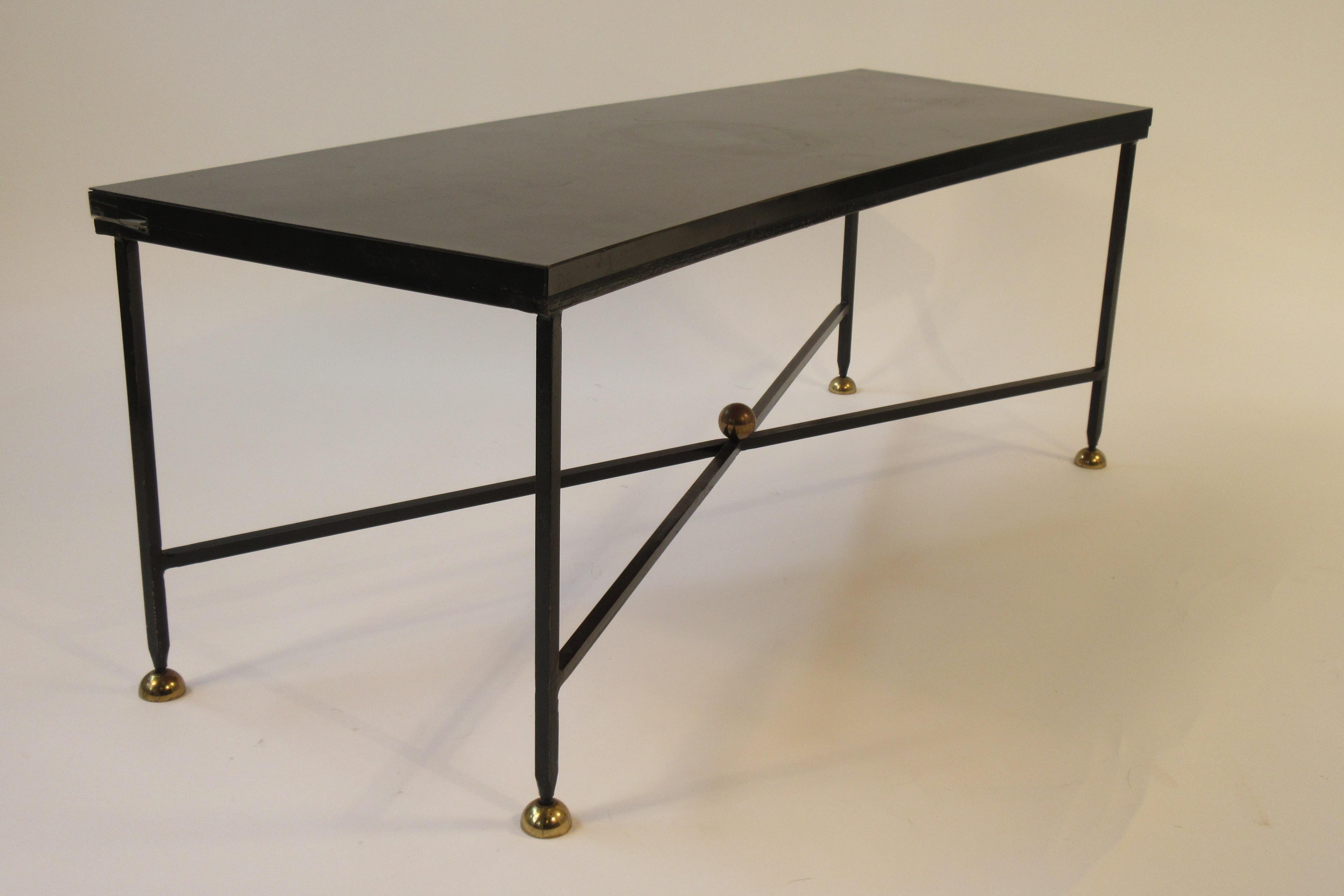Mid-20th Century Pair of French 1950s Curved Iron Tables/Benches with Brass Accents