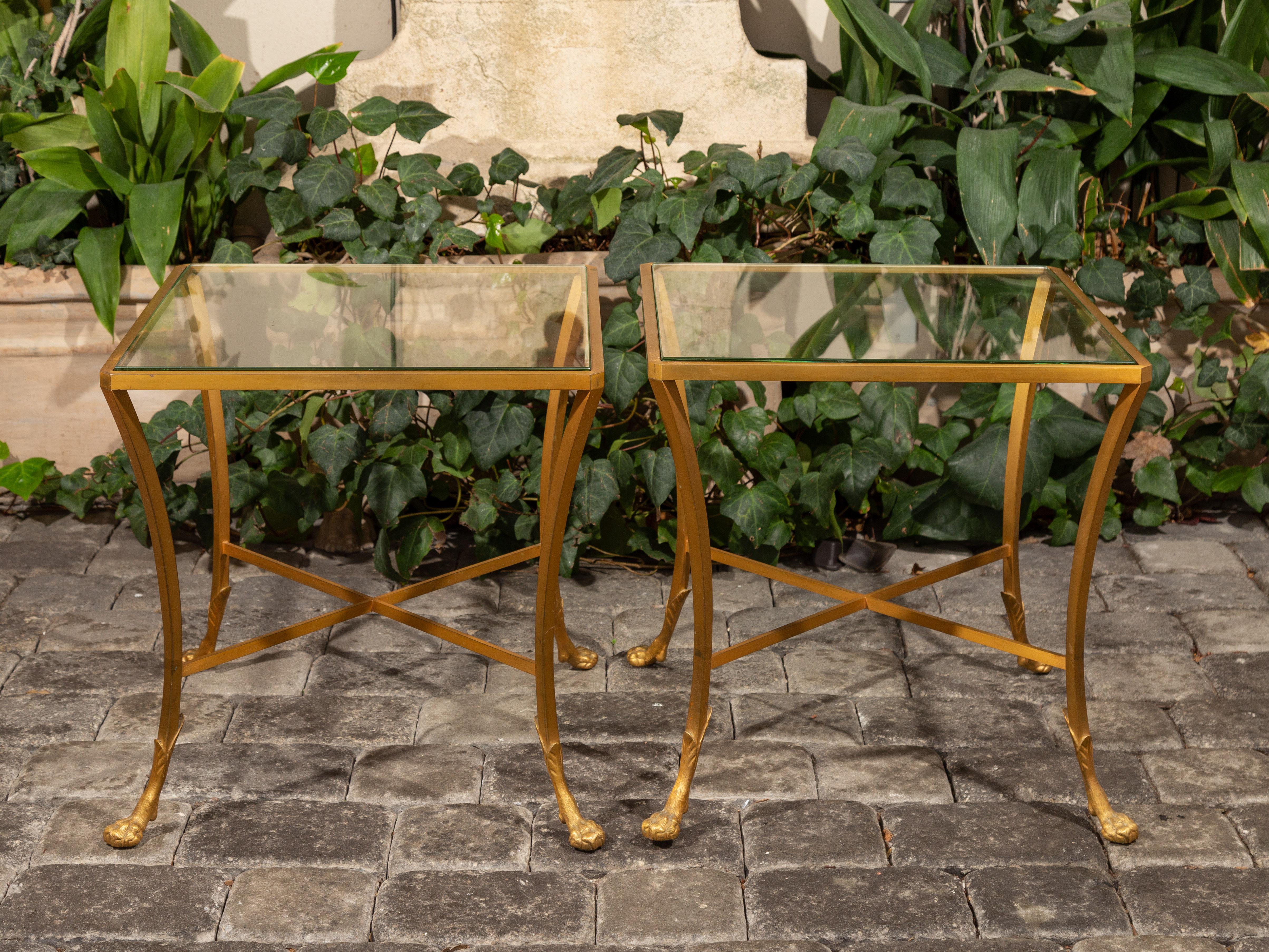 Mid-Century Modern Pair of French 1950s Maison Baguès Style Tables Made of Glass and Gilt Bronze For Sale