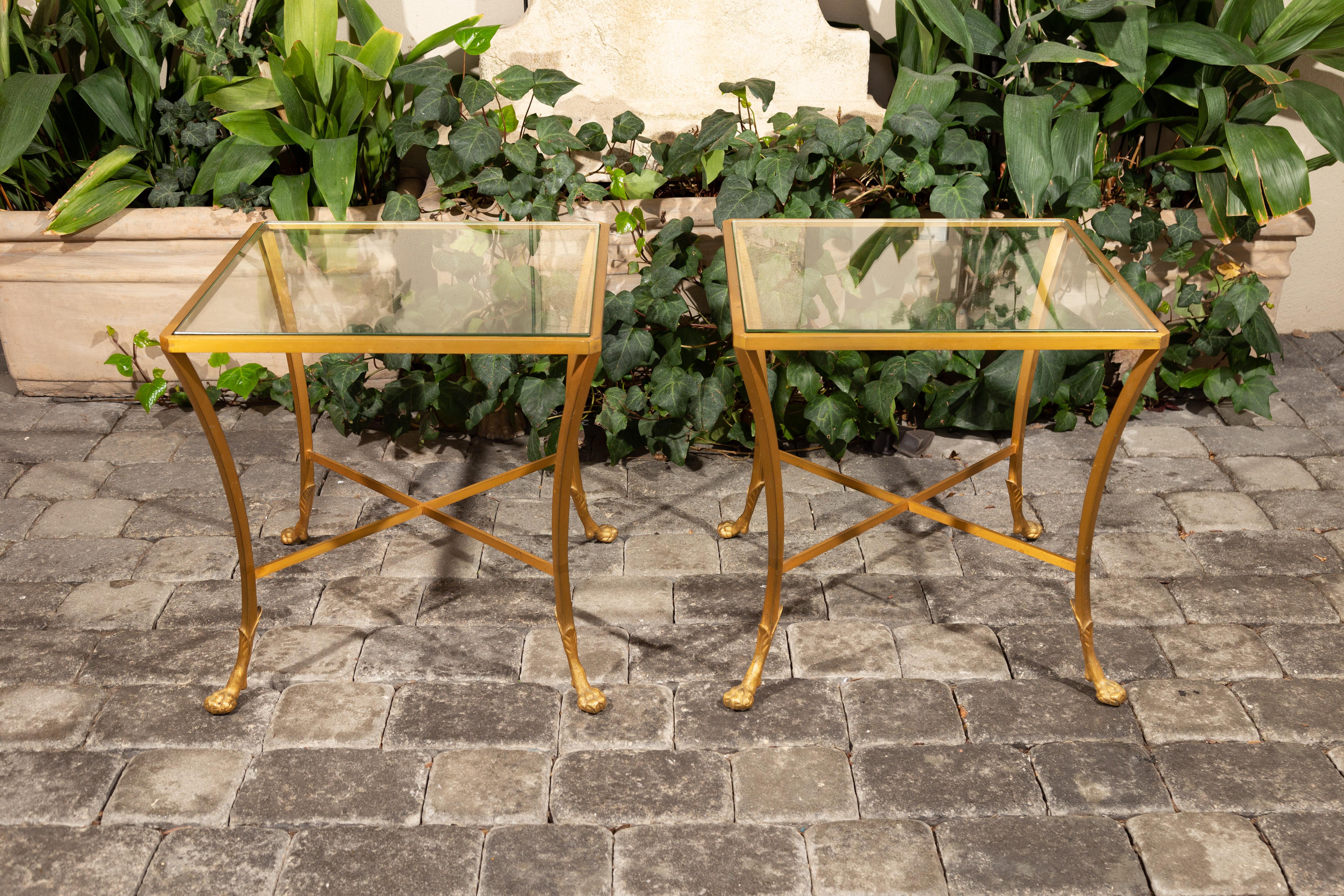 Pair of French 1950s Maison Baguès Style Tables Made of Glass and Gilt Bronze For Sale 4