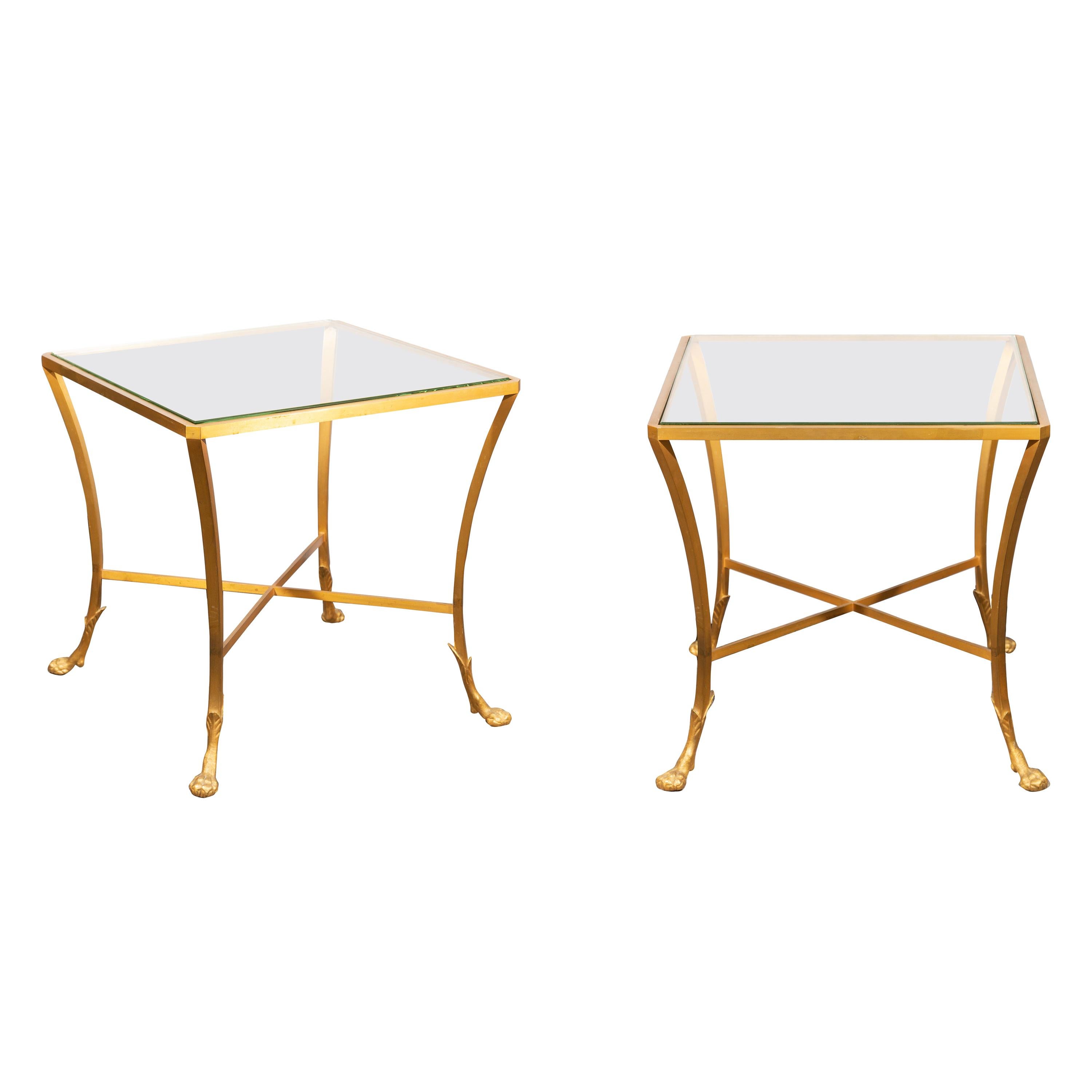 Pair of French 1950s Maison Baguès Style Tables Made of Glass and Gilt Bronze For Sale