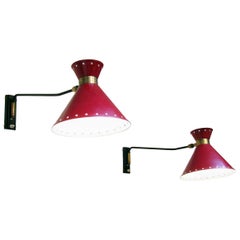 Pair of French 1950s Modernist Wall Lights in Red, Black & Brass by Rene Mathieu