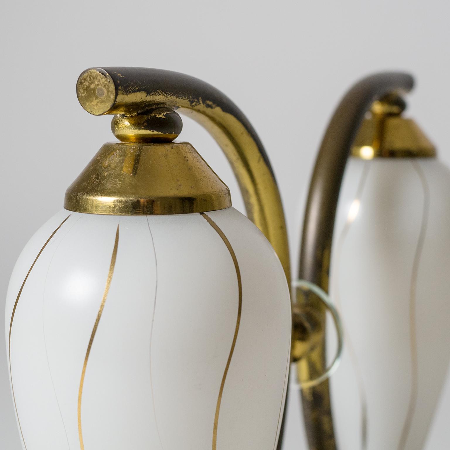 Pair of French 1950s Table Lamps, Enameled Glass, Brass and Stone 6