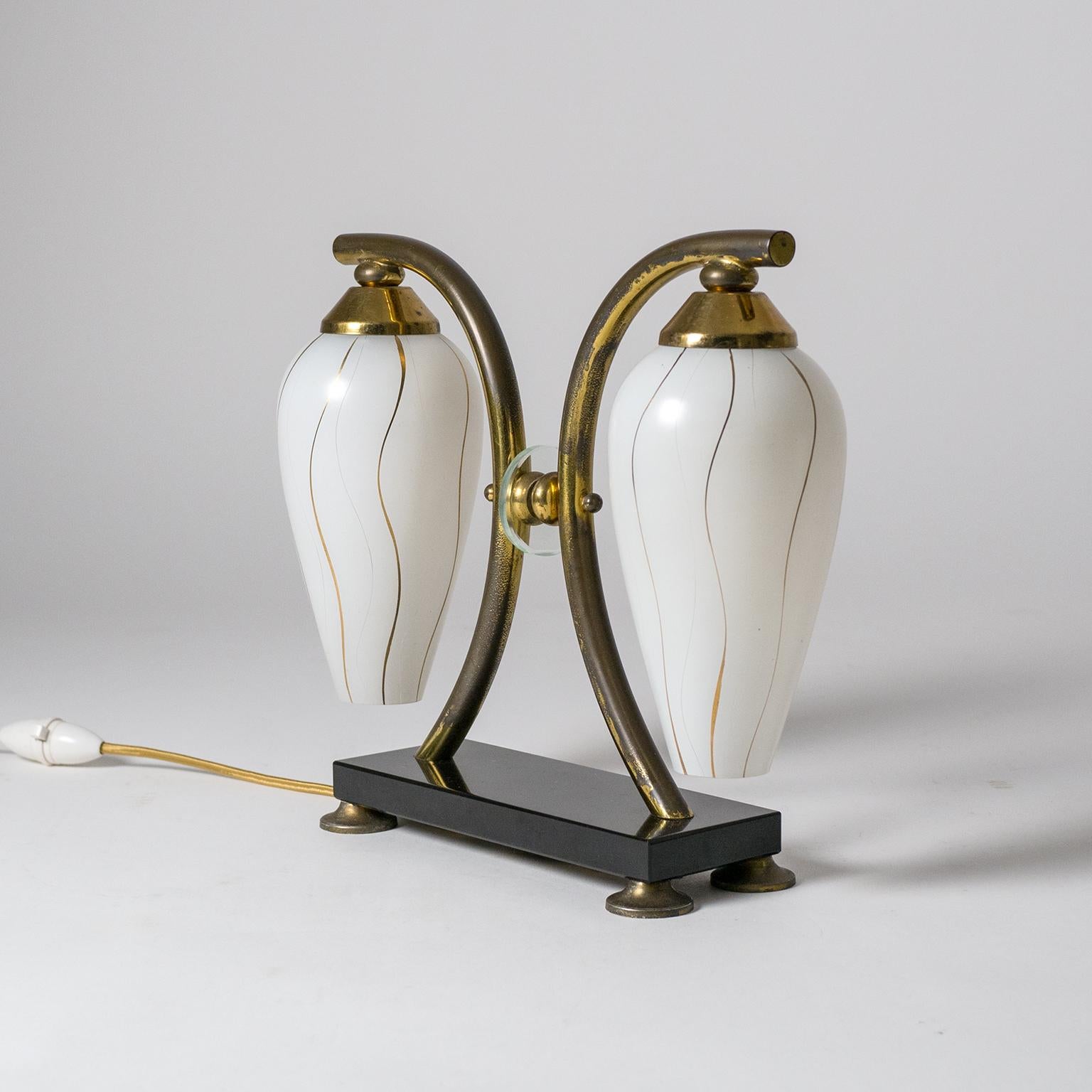 Pair of French 1950s Table Lamps, Enameled Glass, Brass and Stone 9