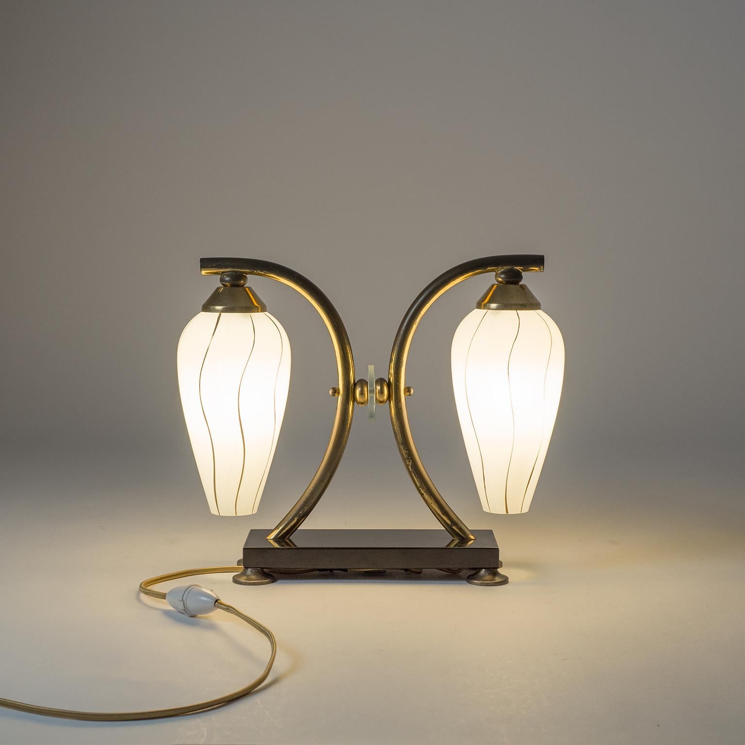 Pair of French 1950s Table Lamps, Enameled Glass, Brass and Stone 11