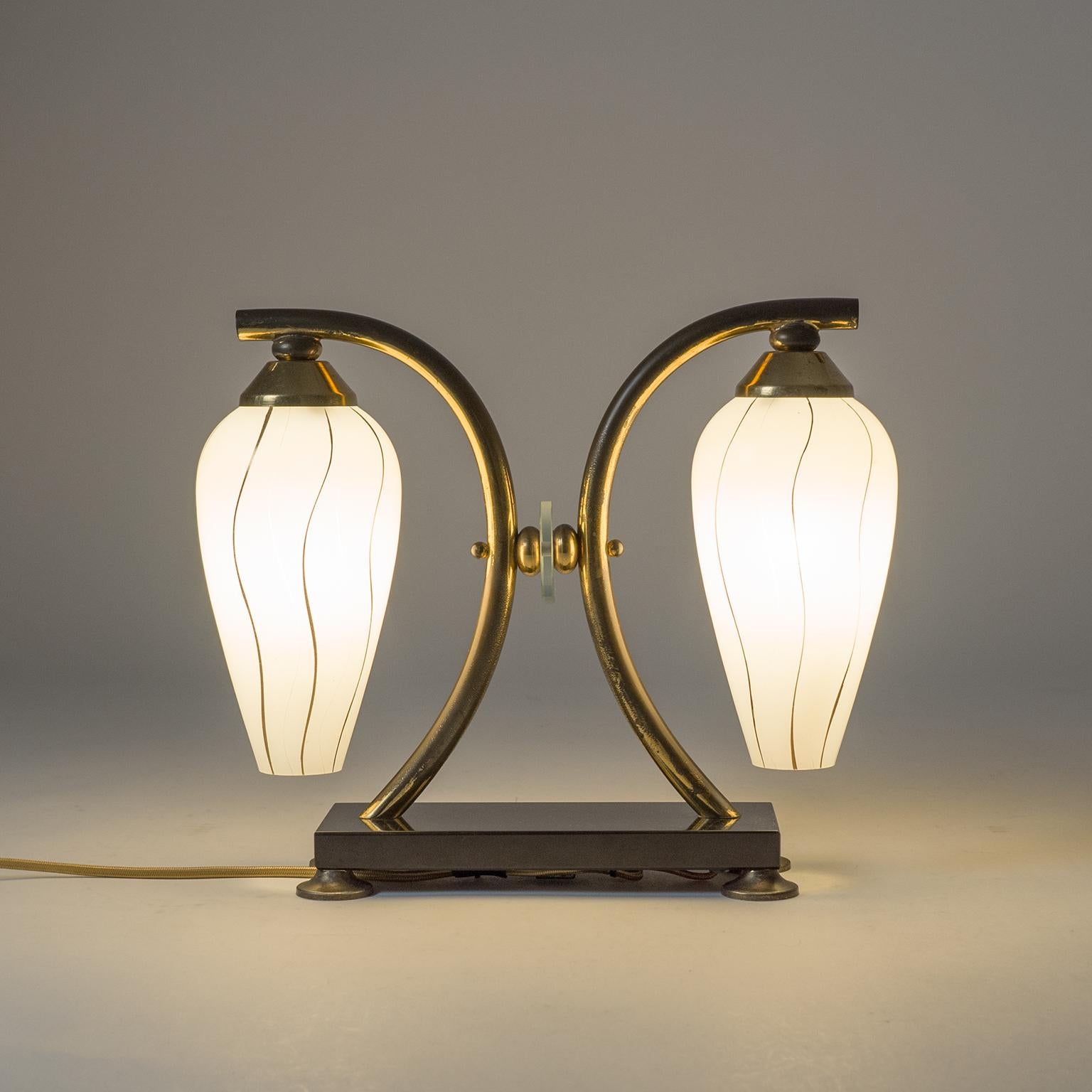 Mid-Century Modern Pair of French 1950s Table Lamps, Enameled Glass, Brass and Stone