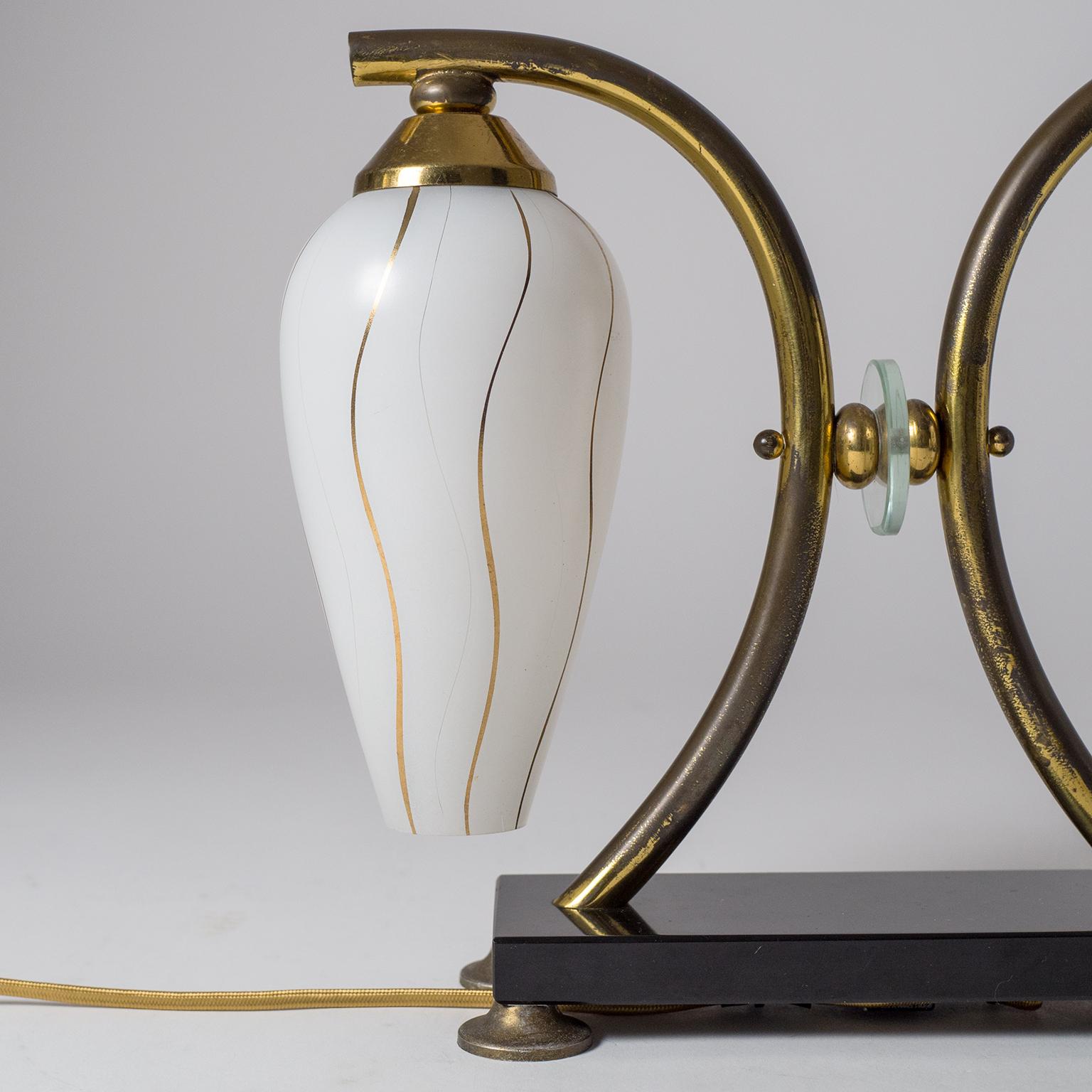 Mid-20th Century Pair of French 1950s Table Lamps, Enameled Glass, Brass and Stone