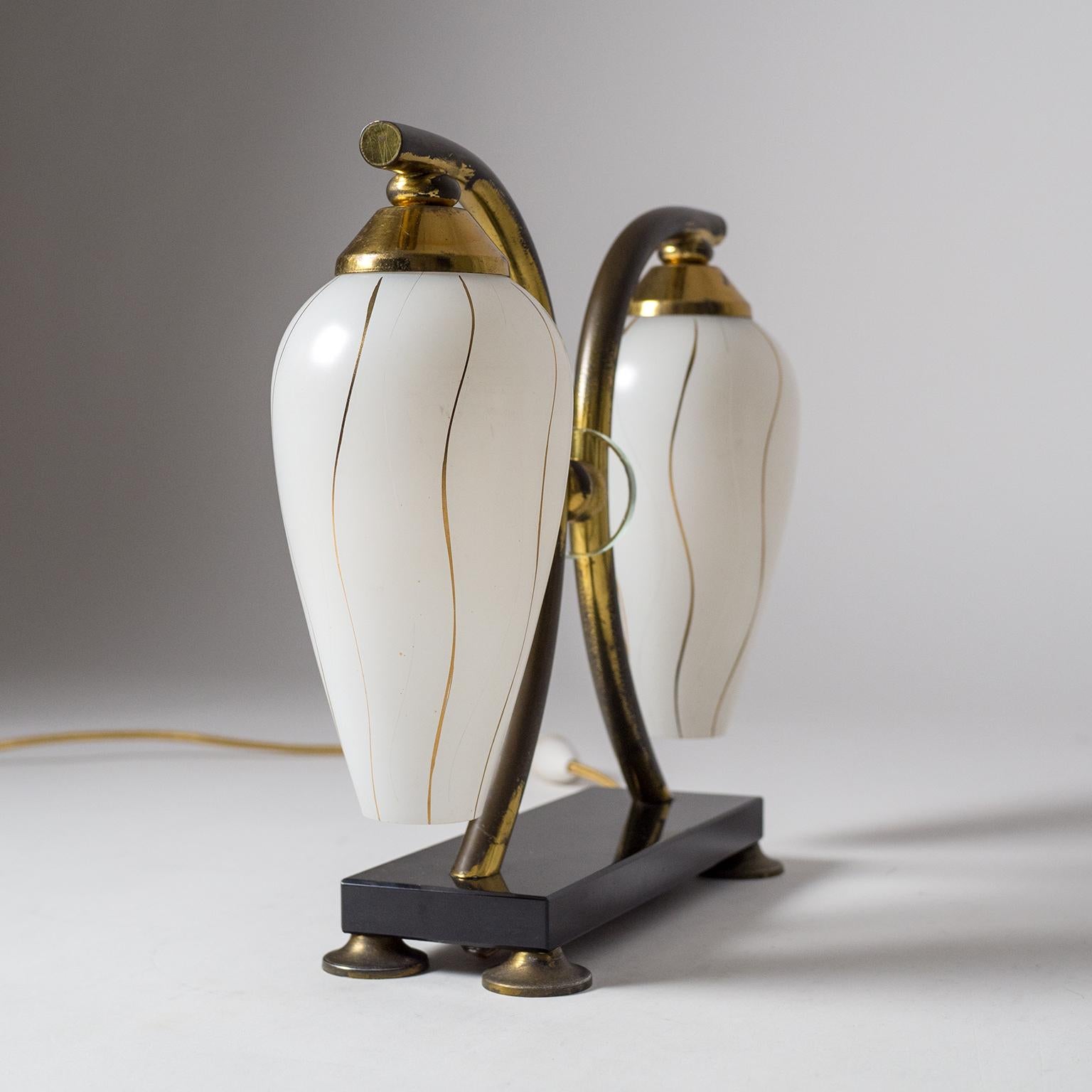 Pair of French 1950s Table Lamps, Enameled Glass, Brass and Stone 3