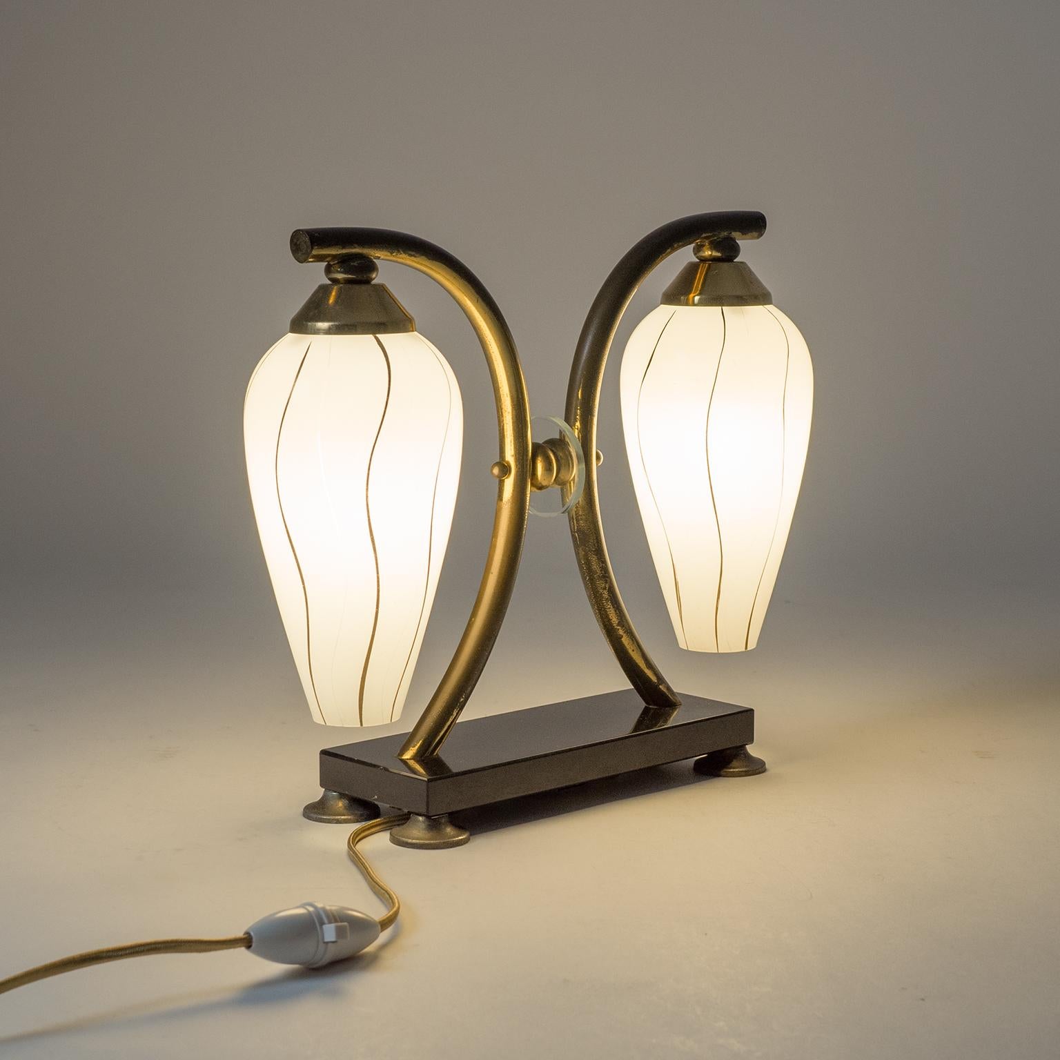Pair of French 1950s Table Lamps, Enameled Glass, Brass and Stone 4