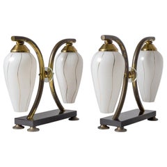 Vintage Pair of French 1950s Table Lamps, Enameled Glass, Brass and Stone