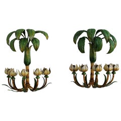 Pair of French 1950s Tole Palm Tree Sconces