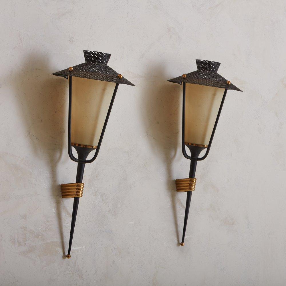 Mid-Century Modern Pair of French 1950s Torchiere Lantern Sconces by Maison Arlus