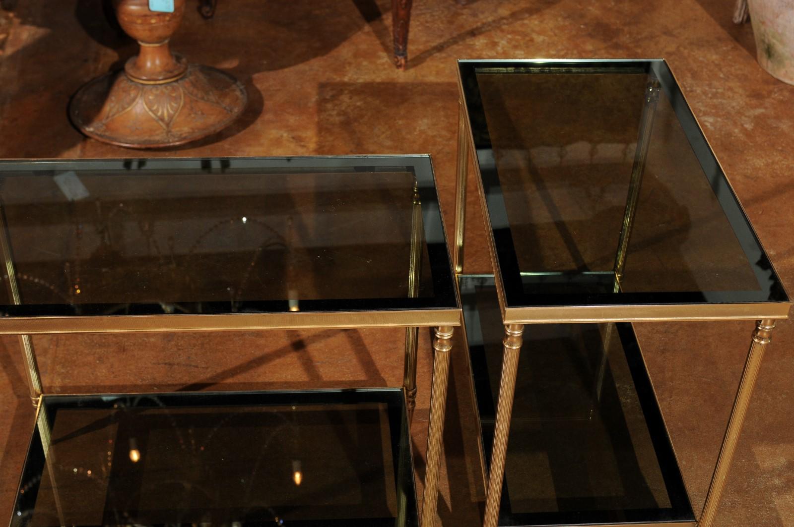 Pair of French 1950s Vintage Brass Side Tables with Glass Top and Shelves 5