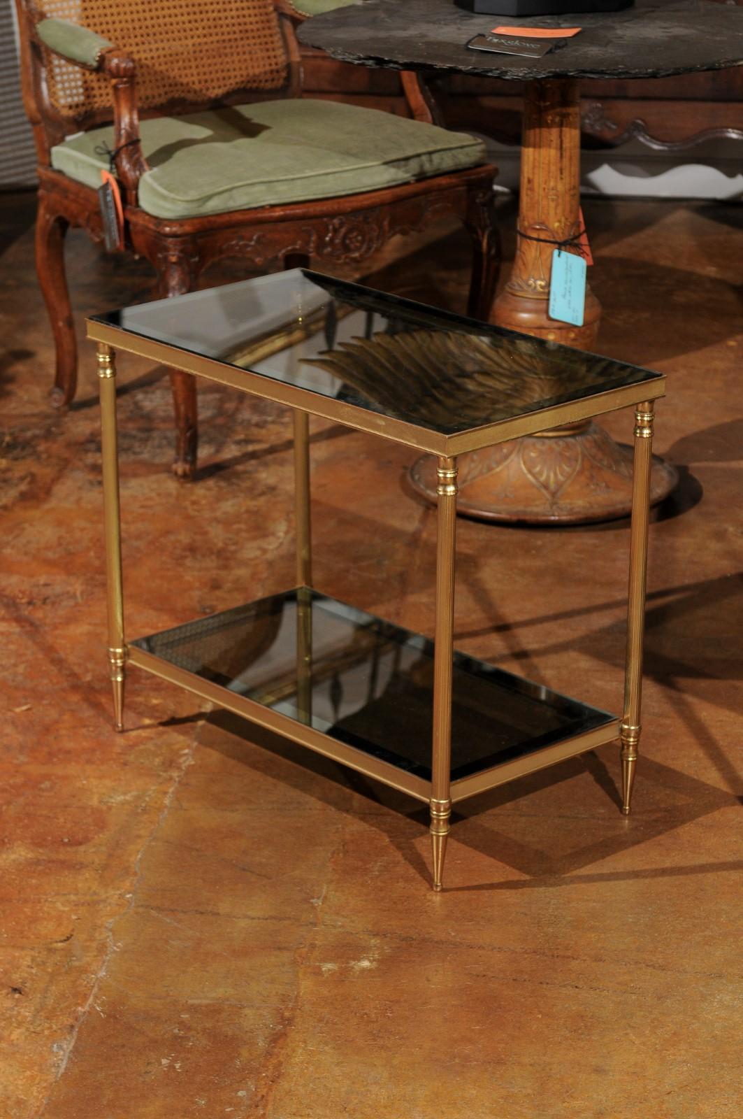 20th Century Pair of French 1950s Vintage Brass Side Tables with Glass Top and Shelves