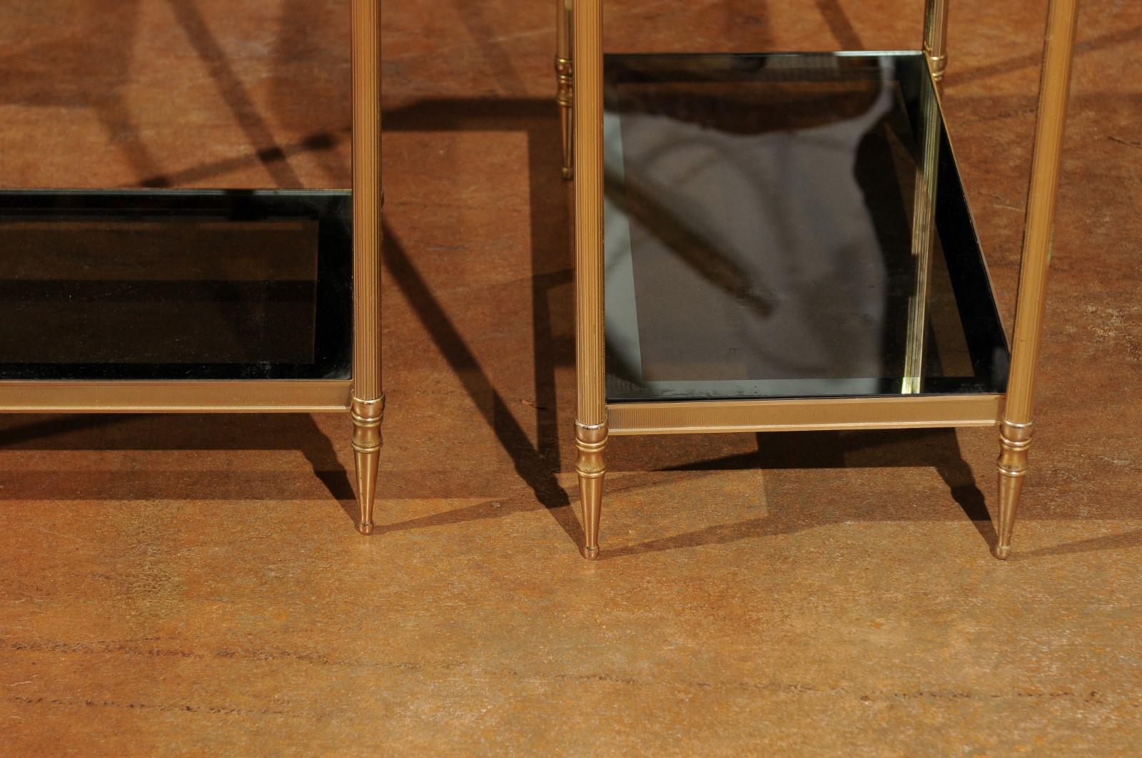 Pair of French 1950s Vintage Brass Side Tables with Glass Top and Shelves 2