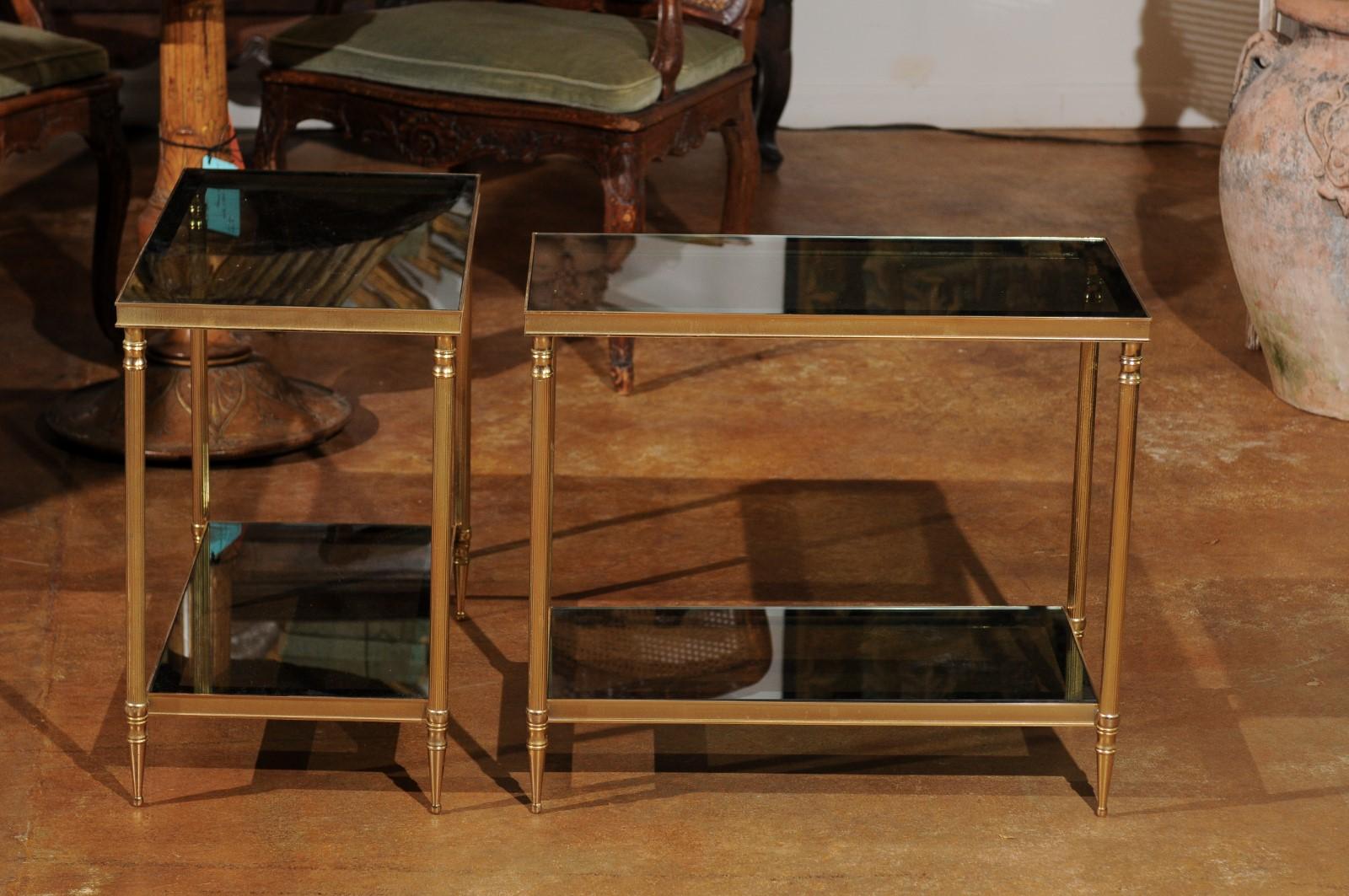 Pair of French 1950s Vintage Brass Side Tables with Glass Top and Shelves 3