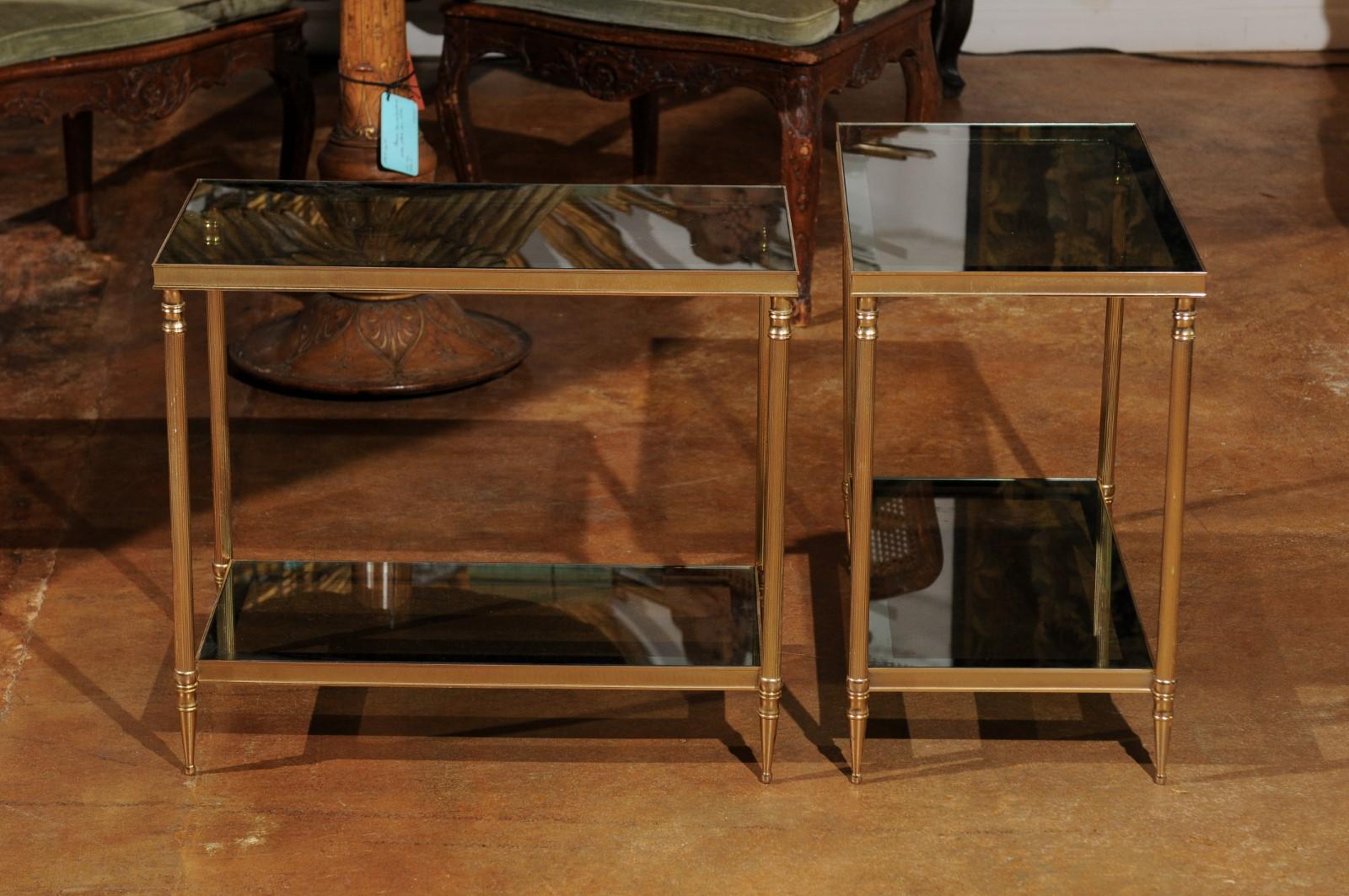 Pair of French 1950s Vintage Brass Side Tables with Glass Top and Shelves 4