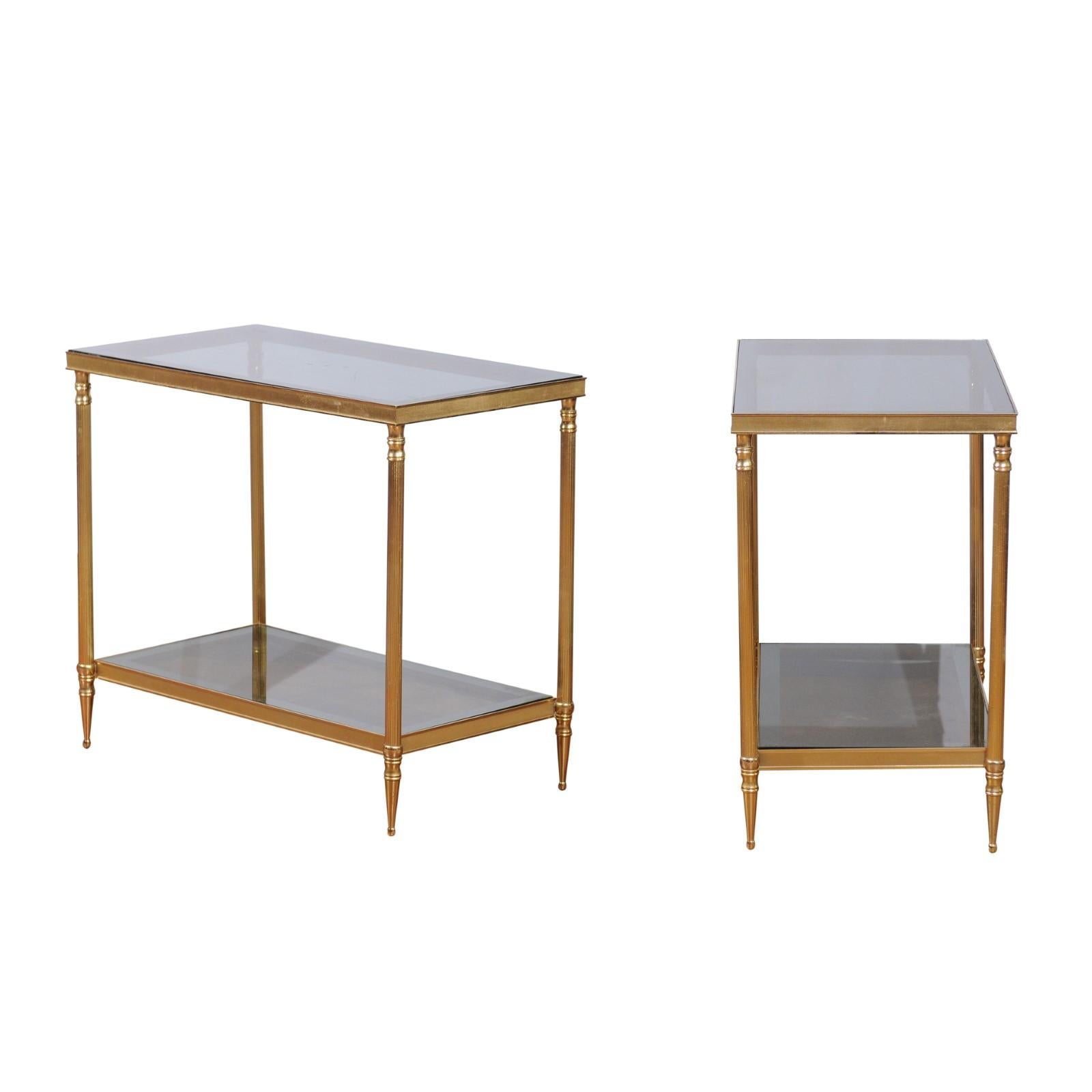 Pair of French 1950s Vintage Brass Side Tables with Glass Top and Shelves