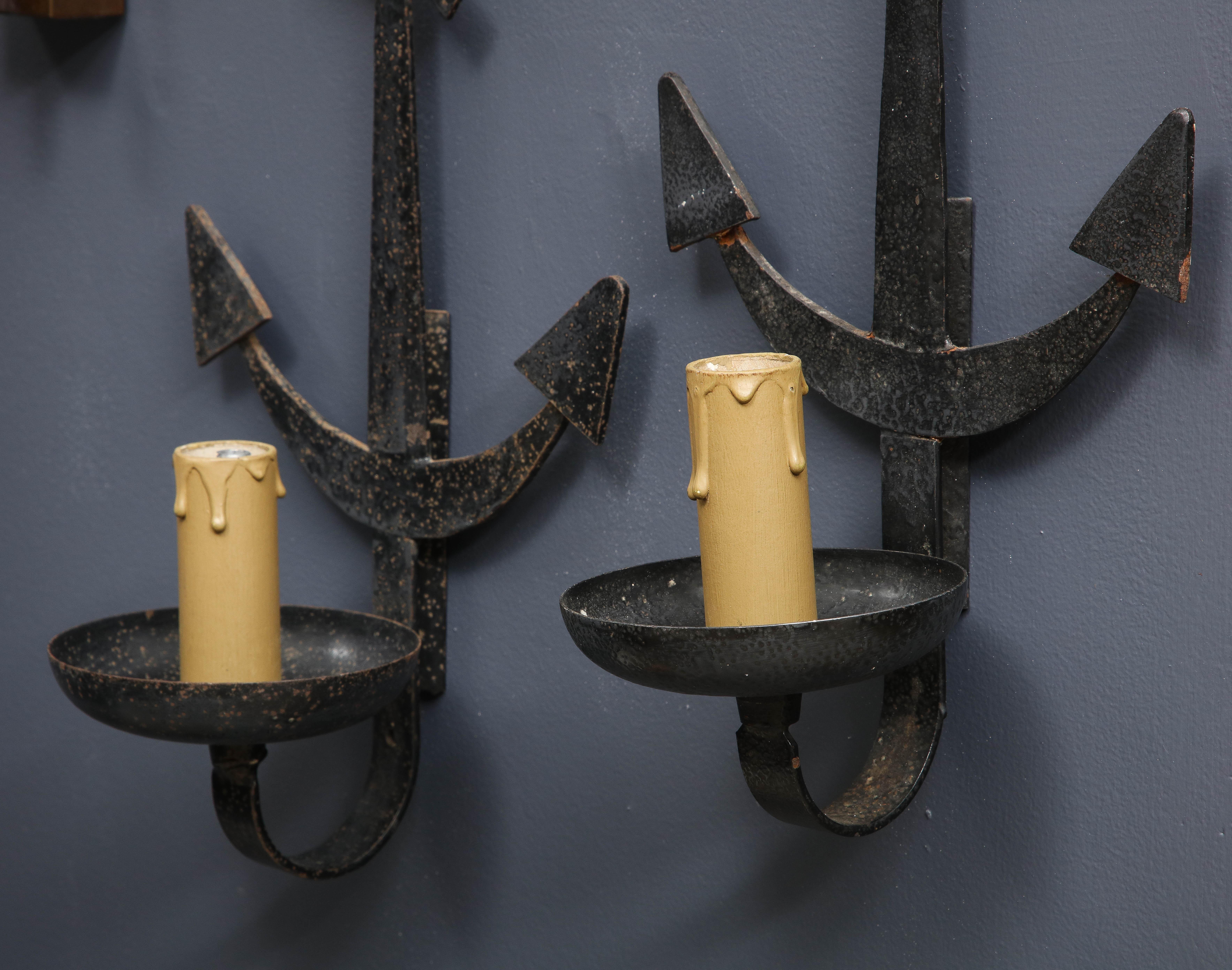 Pair of French 1950s Wrought Iron Anchor Shaped Wall Sconces For Sale 1