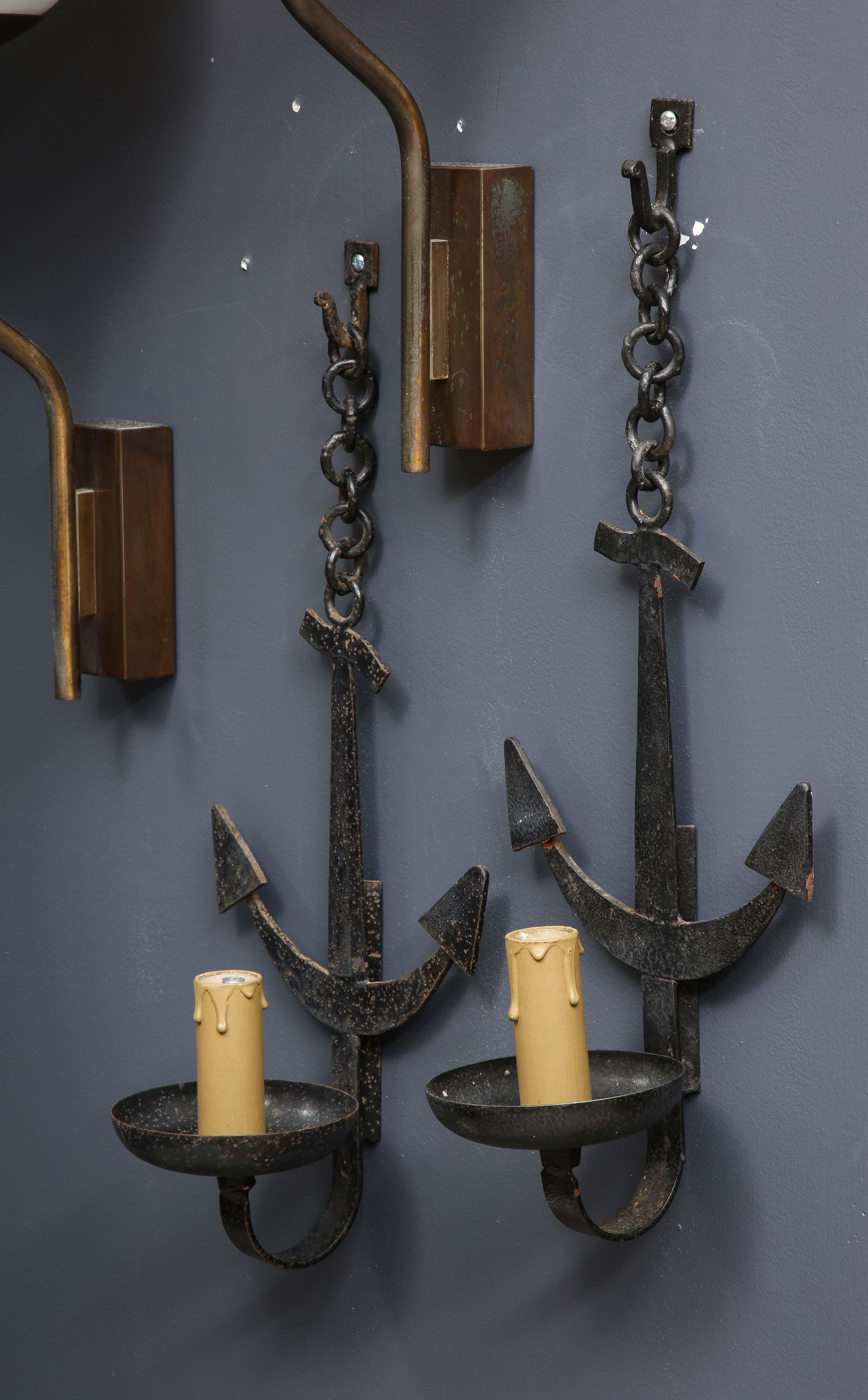 Pair of French 1950s Wrought Iron Anchor Shaped Wall Sconces For Sale 2
