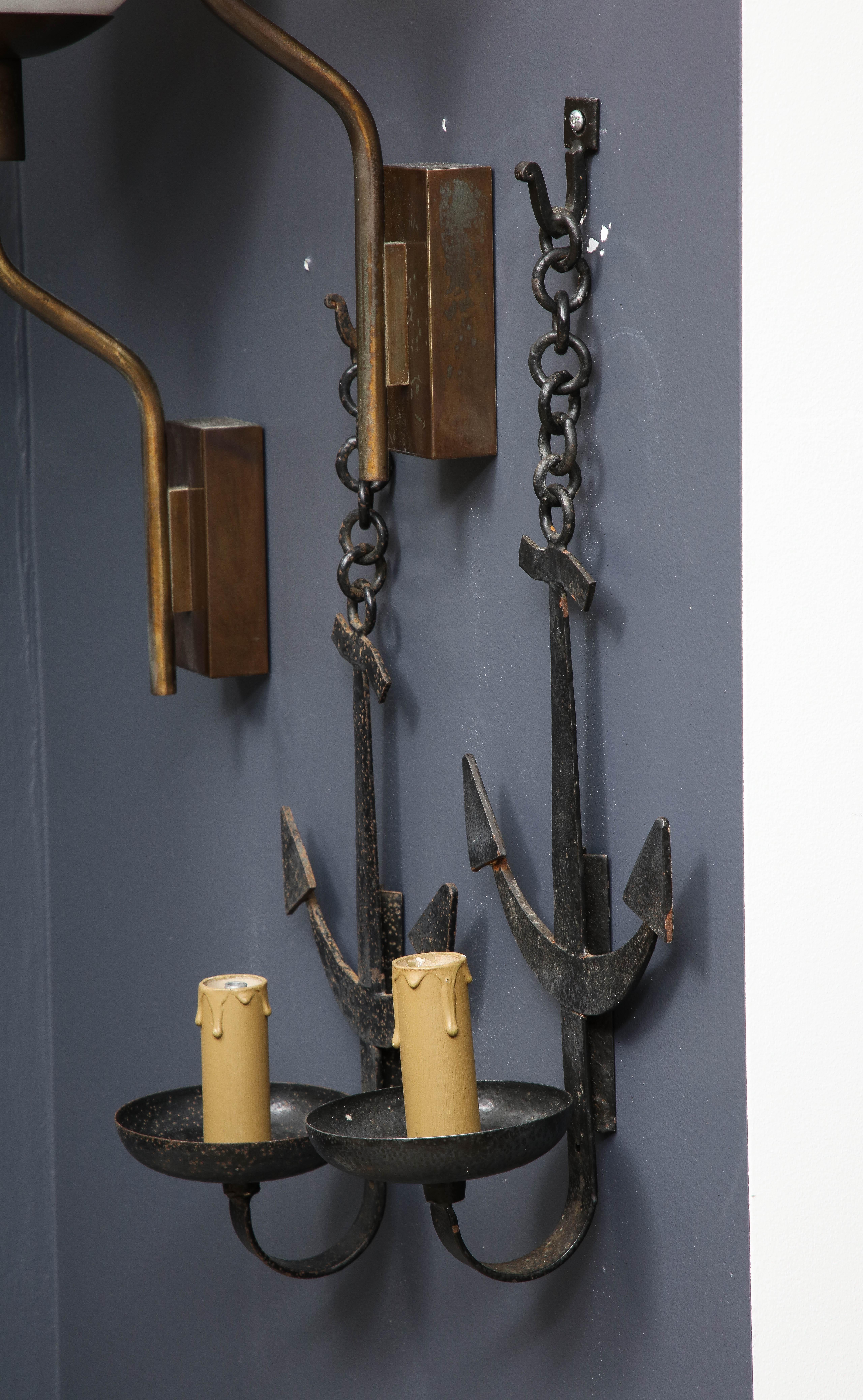 Pair of French 1950s Wrought Iron Anchor Shaped Wall Sconces For Sale 3