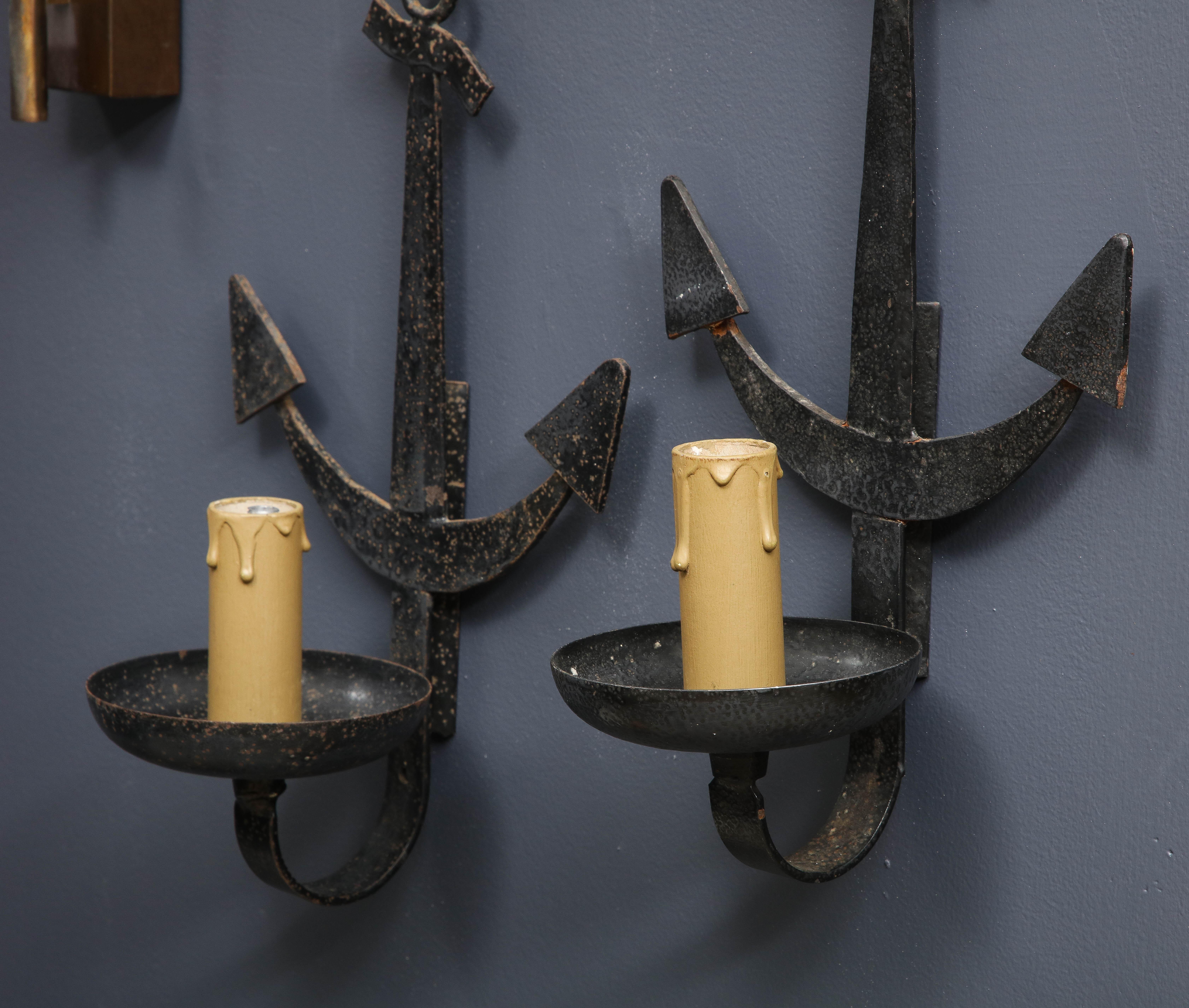 Pair of French 1950s Wrought Iron Anchor Shaped Wall Sconces For Sale 4