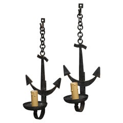 Pair of French 1950s Wrought Iron Anchor Shaped Wall Sconces