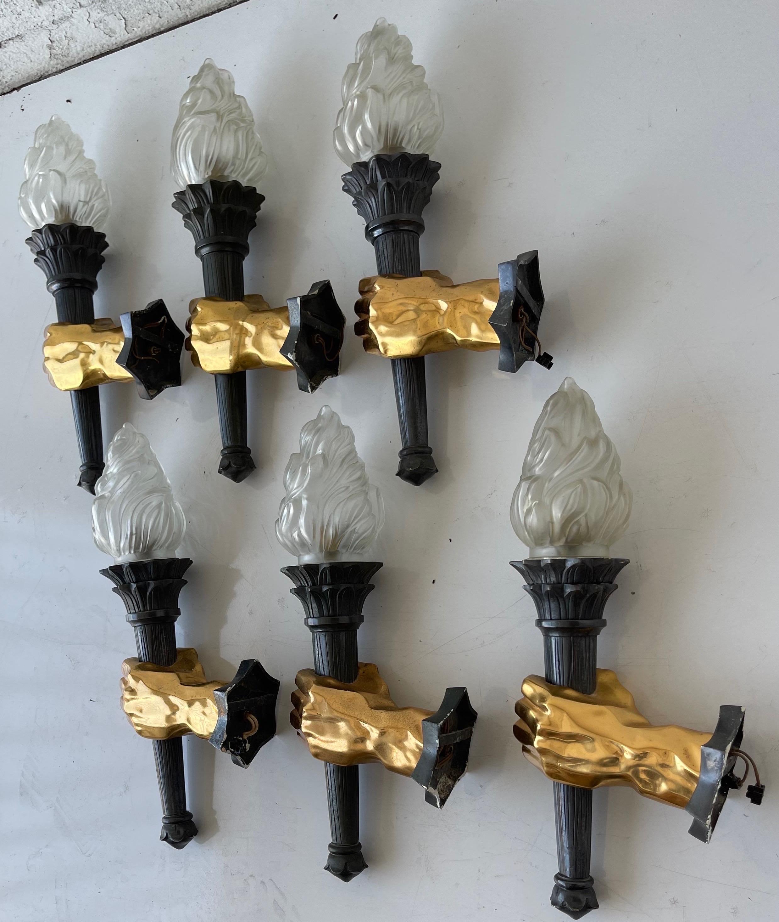 Pair of French 1960s 2 Patina Bronze Hand Sconces, 3 Pairs Available For Sale 9
