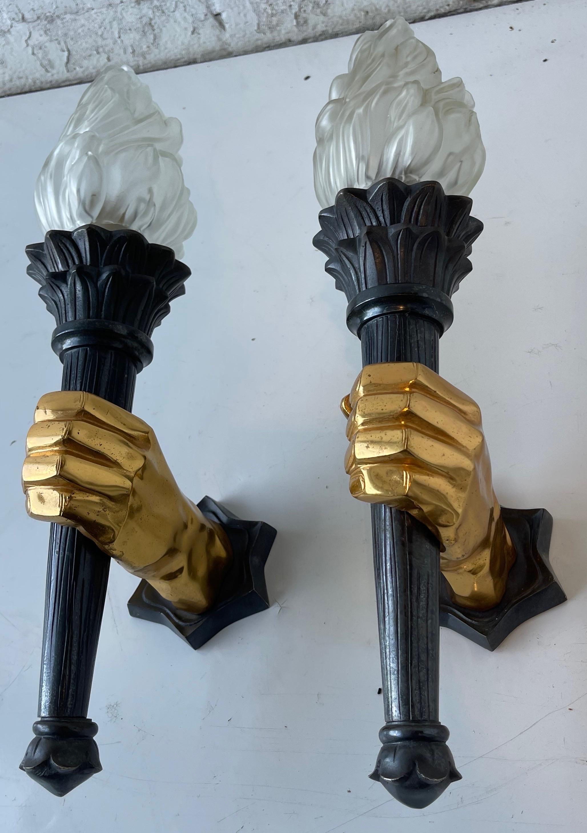 Pair of French 1960s 2 Patina Bronze Hand Sconces, 3 Pairs Available For Sale 11