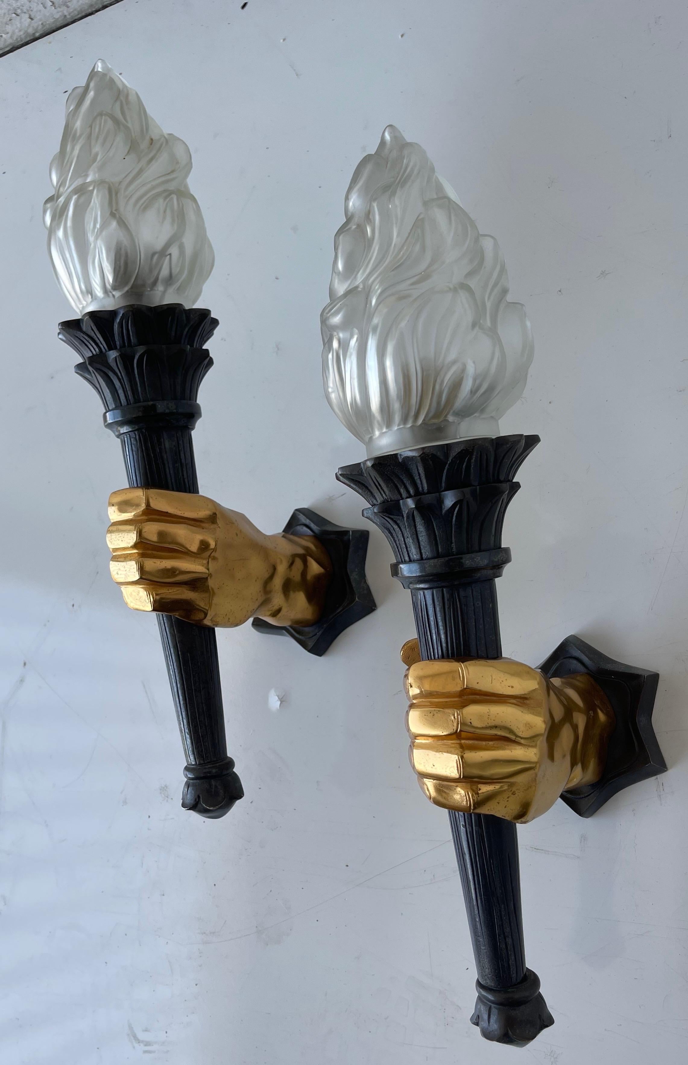 Pair of French 1960s 2 Patina Bronze Hand Sconces, 3 Pairs Available For Sale 12