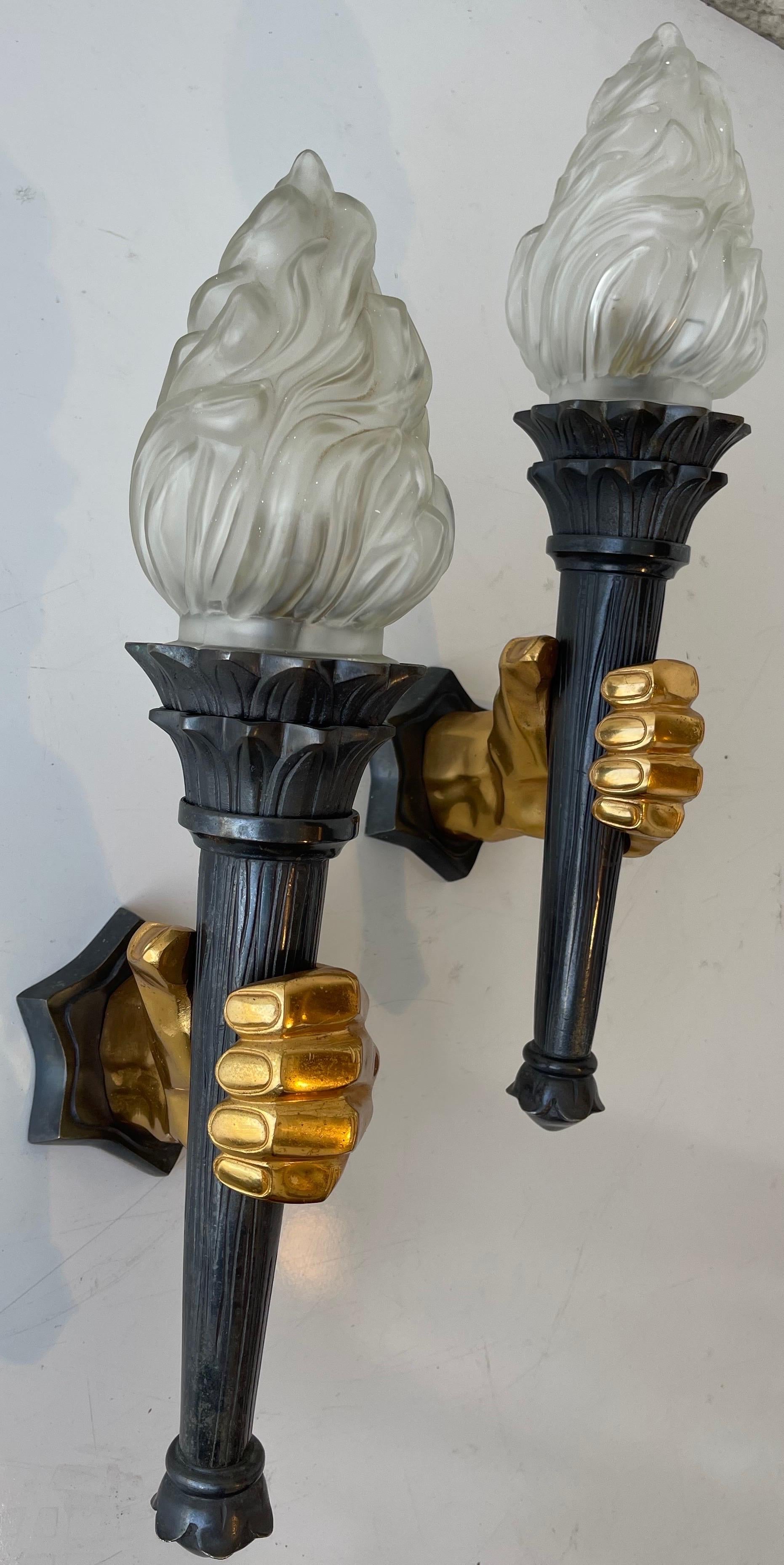 Pair of French 1960s 2 Patina Bronze Hand Sconces, 3 Pairs Available For Sale 13