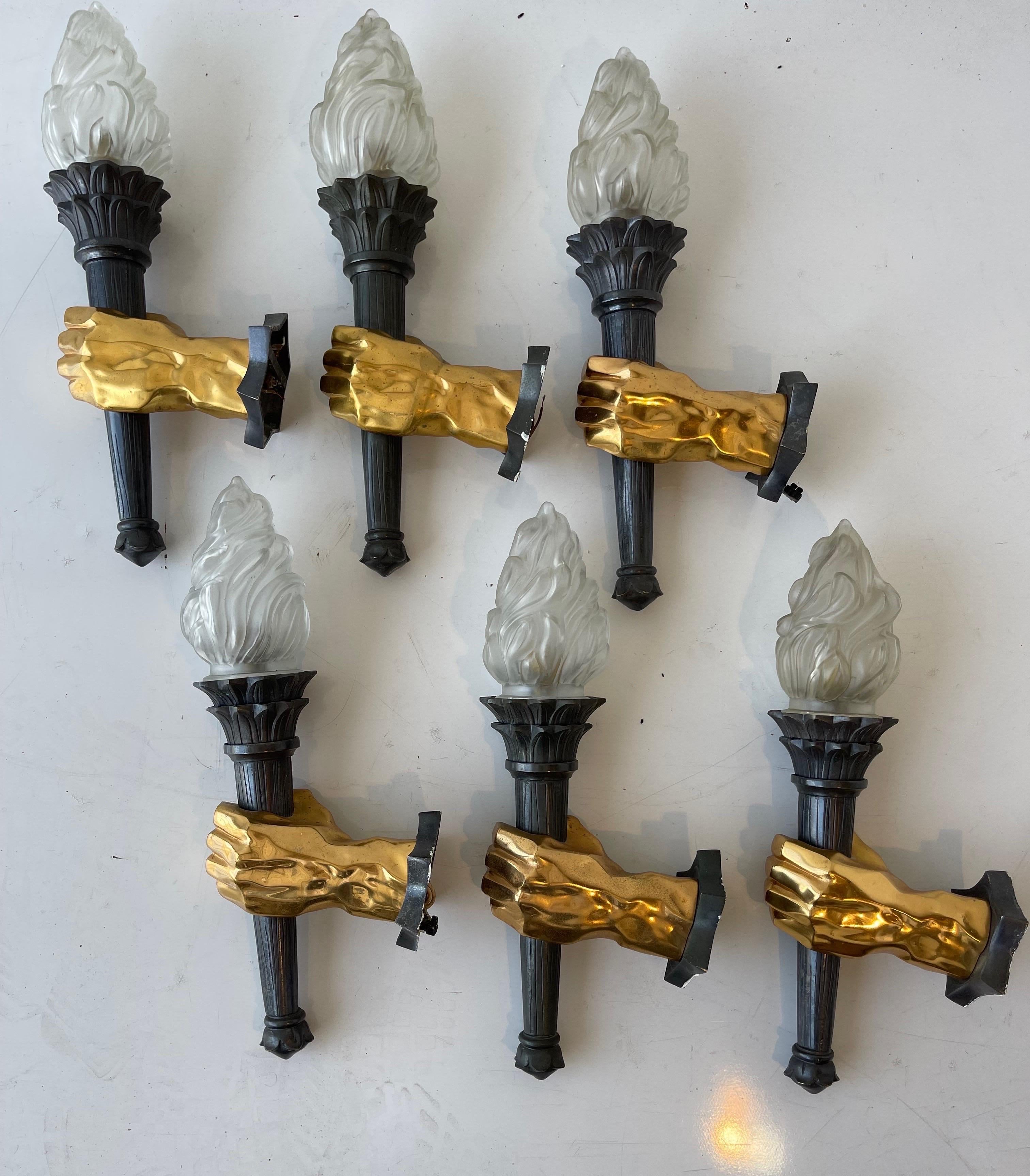 Pair of French 1960s 2 Patina Bronze Hand Sconces, 3 Pairs Available For Sale 14